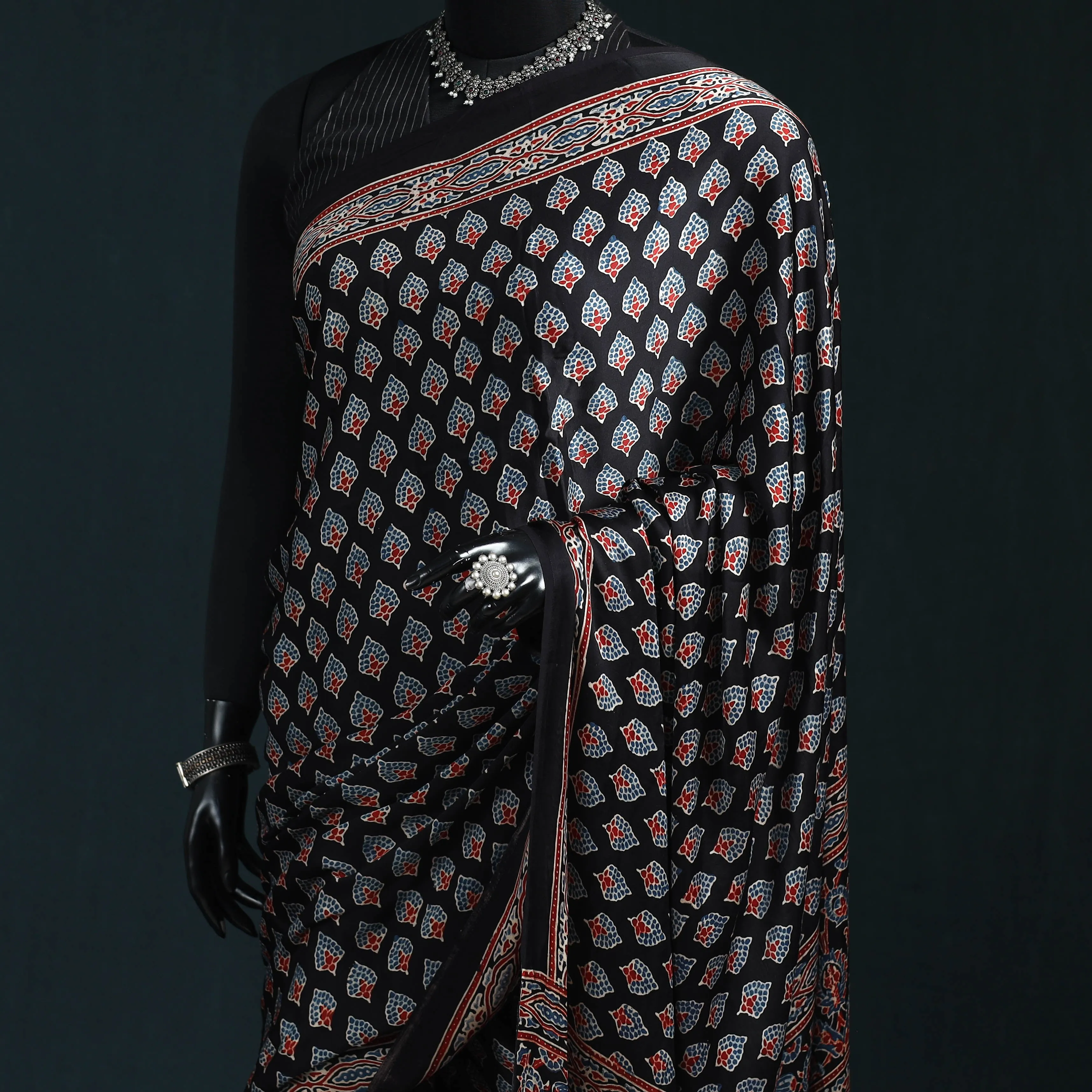 Black - Natural Dyed Modal Silk Kutch Hand Block Print Ajrakh Saree 12 sold by Itokri product image thumbnail 2