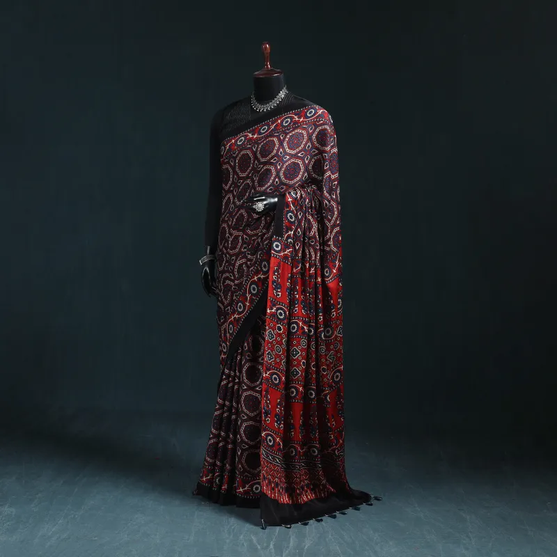 Red - Natural Dyed Modal Silk Kutch Hand Block Print Ajrakh Saree 19 made by Itokri