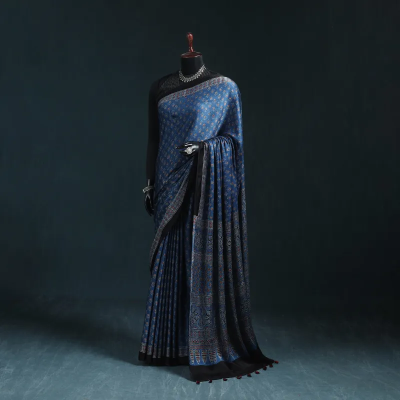 Blue - Natural Dyed Modal Silk Kutch Hand Block Print Ajrakh Saree 18 made by Itokri