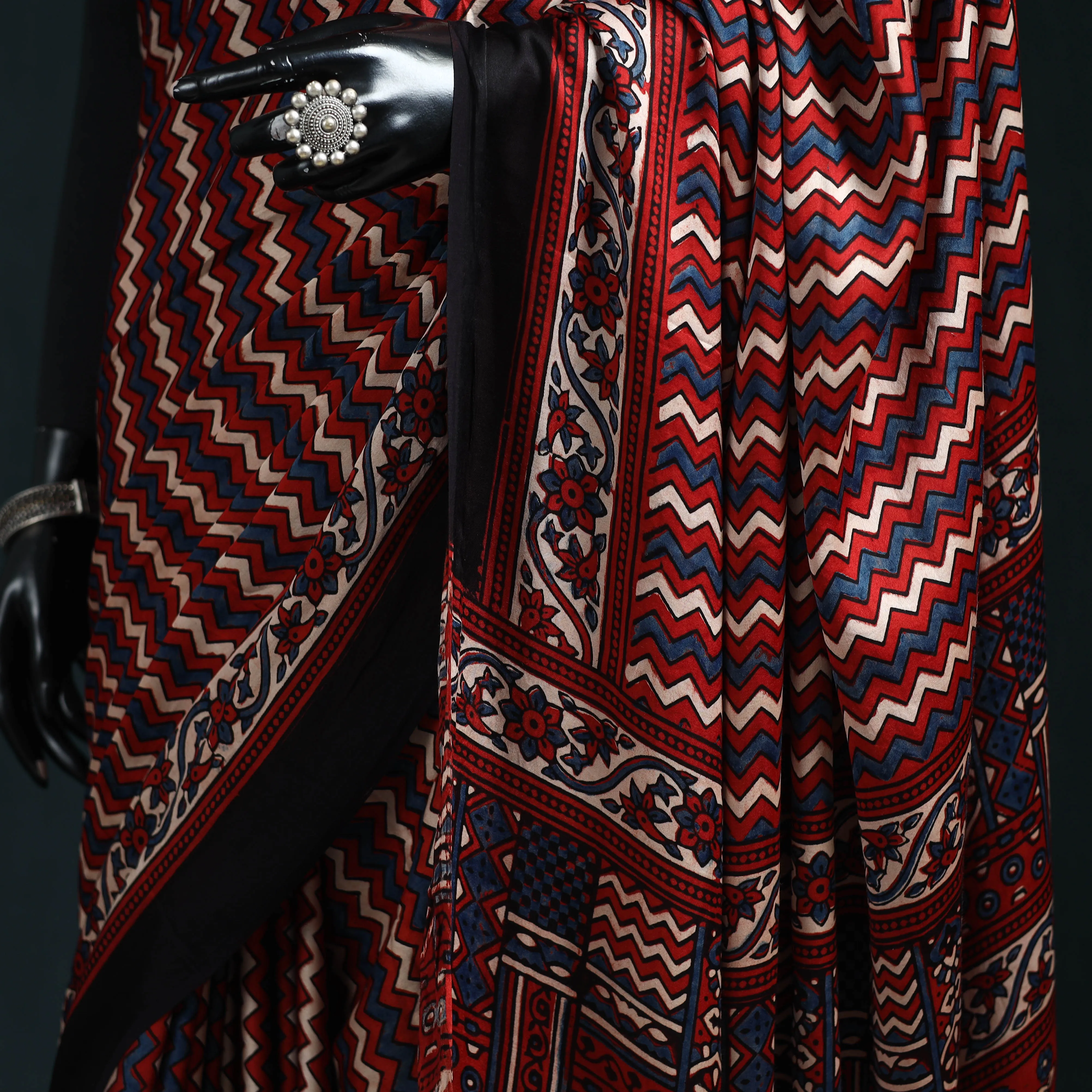 Red - Natural Dyed Modal Silk Kutch Hand Block Print Ajrakh Saree 17 sold by Itokri product image thumbnail 3