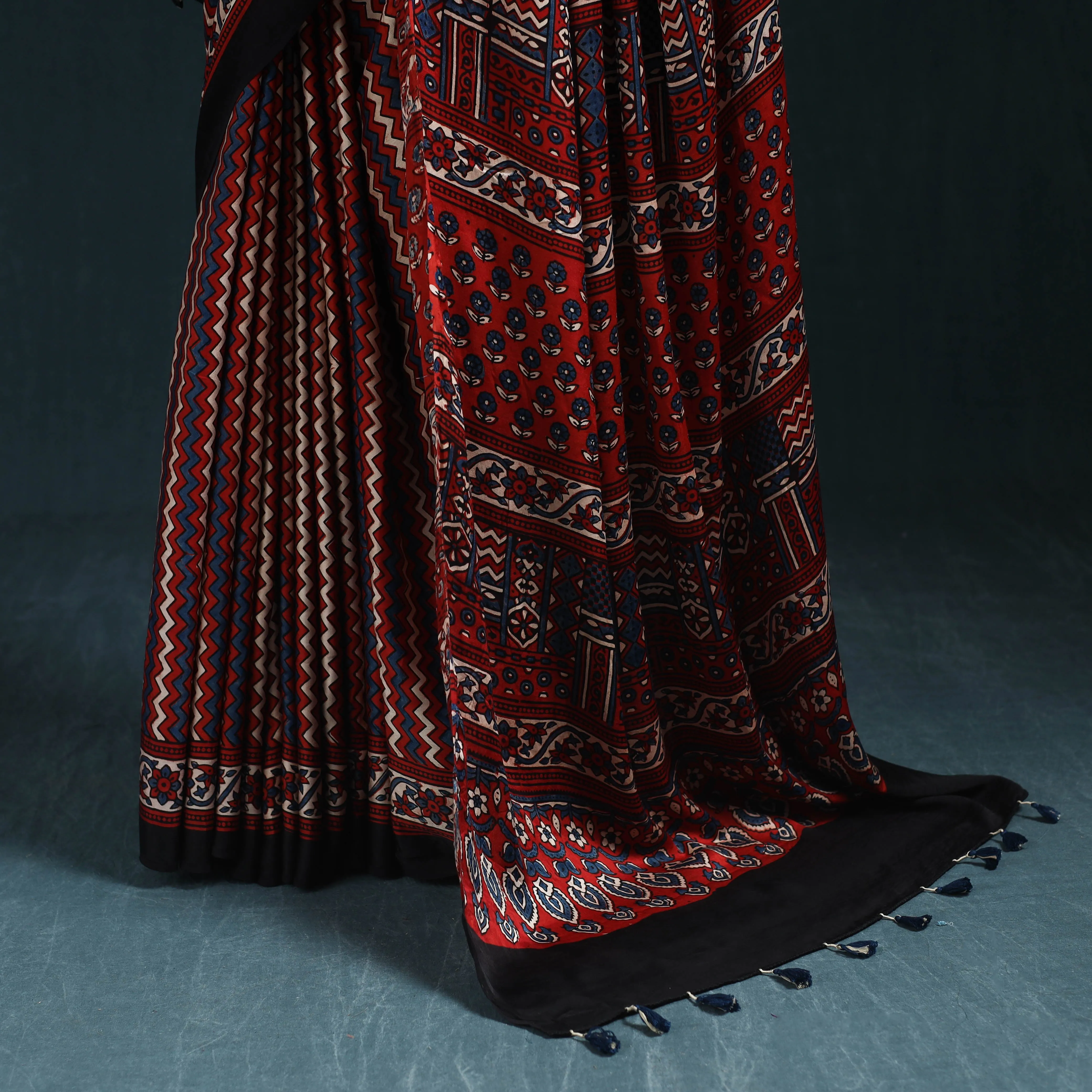 Red - Natural Dyed Modal Silk Kutch Hand Block Print Ajrakh Saree 17 sold by Itokri product image thumbnail 4