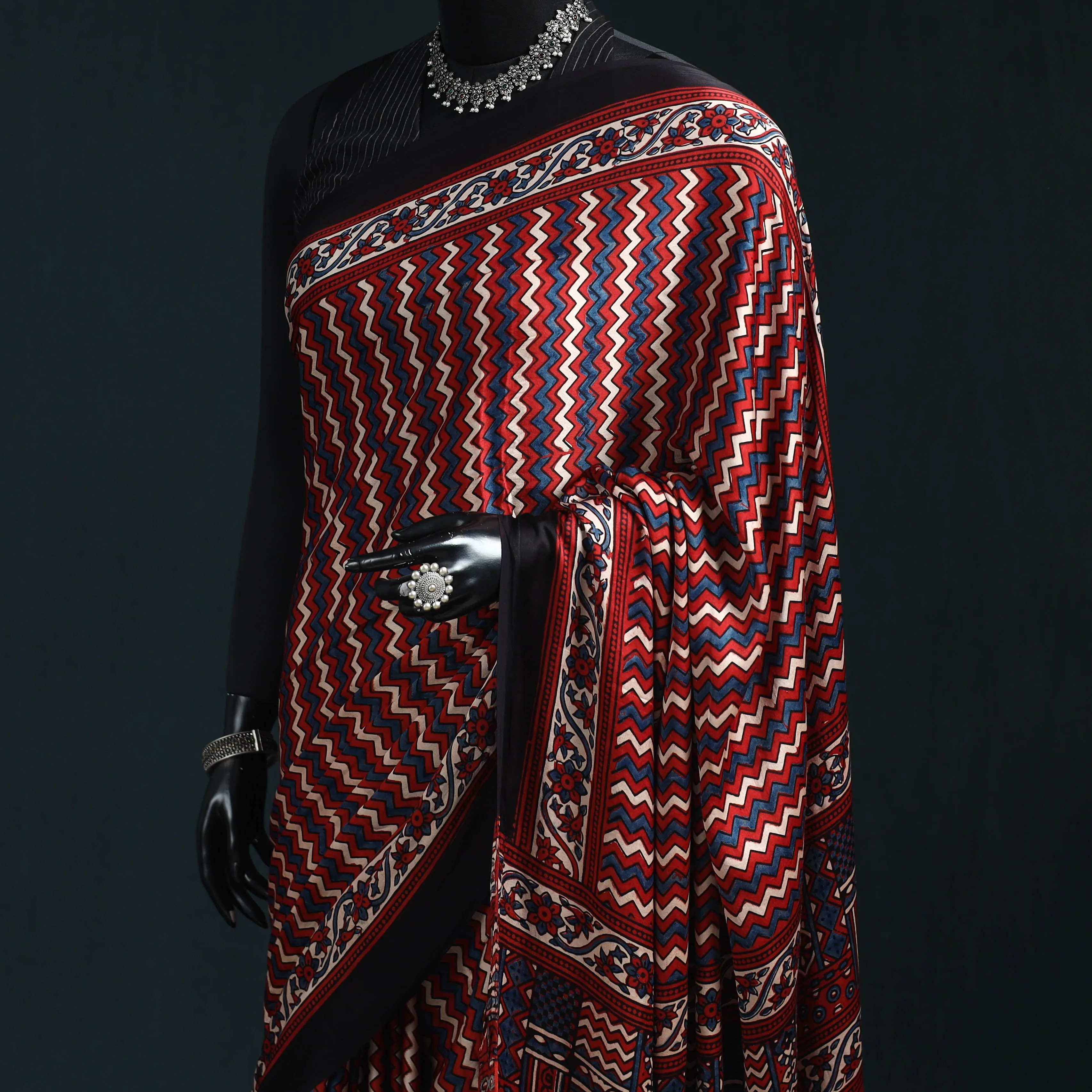 Red - Natural Dyed Modal Silk Kutch Hand Block Print Ajrakh Saree 17 sold by Itokri product image thumbnail 2