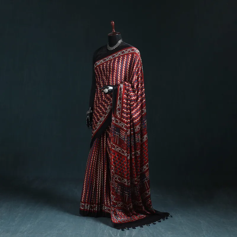 Red - Natural Dyed Modal Silk Kutch Hand Block Print Ajrakh Saree 17 made by Itokri