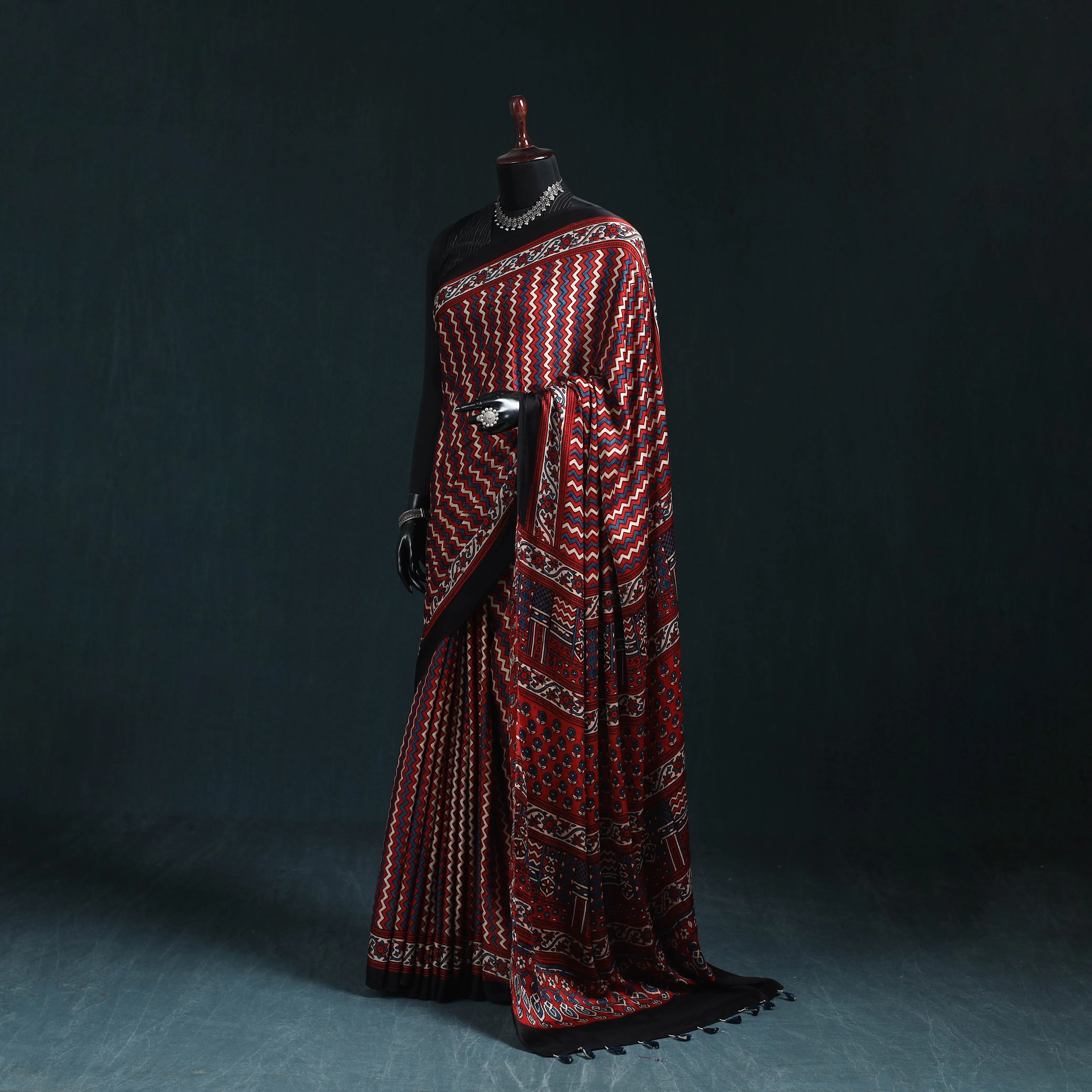 Red - Natural Dyed Modal Silk Kutch Hand Block Print Ajrakh Saree 17 sold by Itokri