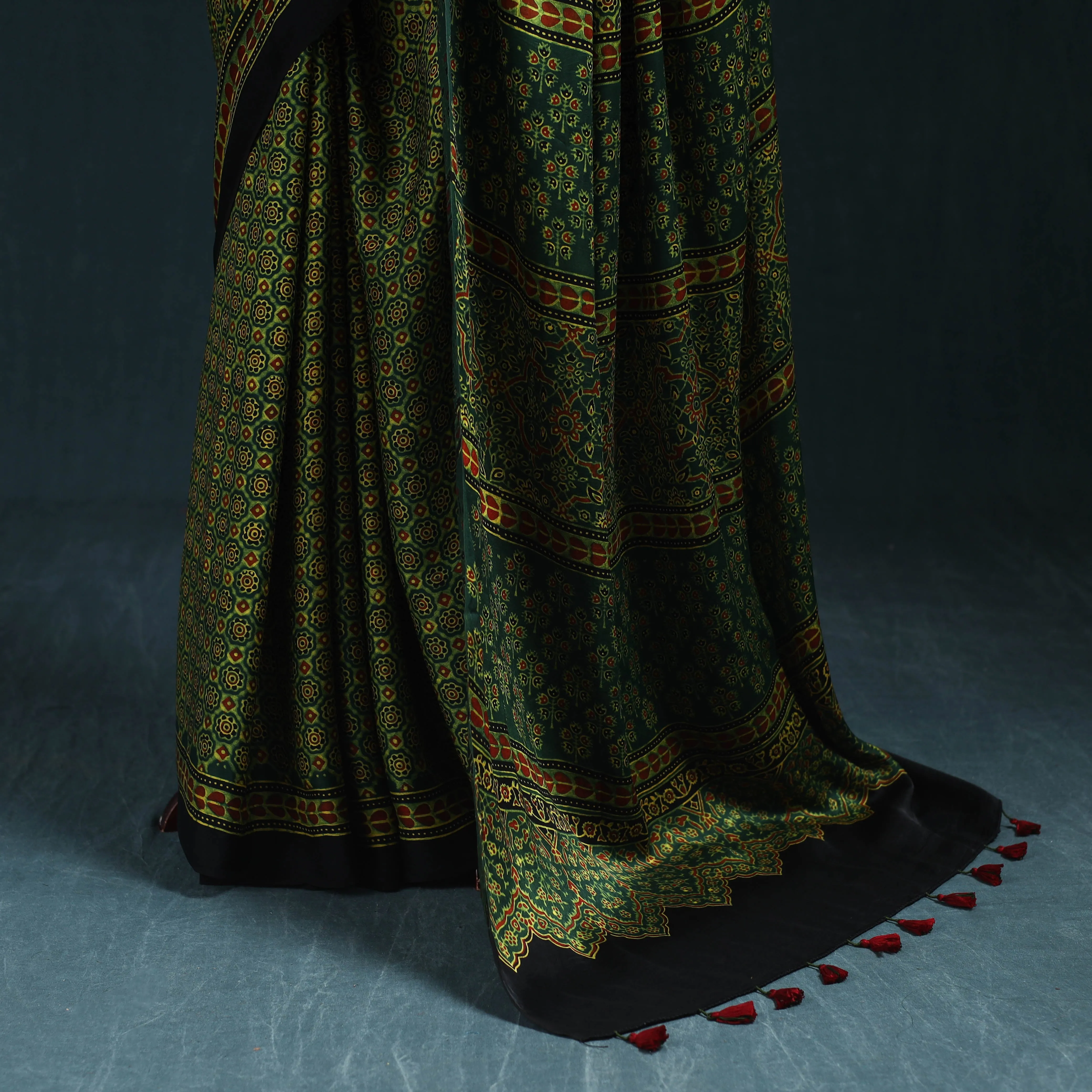 Green - Natural Dyed Modal Silk Kutch Hand Block Print Ajrakh Saree 16 sold by Itokri product image thumbnail 4