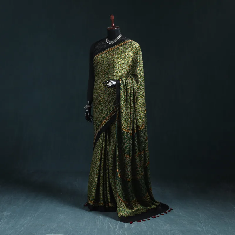 Green - Natural Dyed Modal Silk Kutch Hand Block Print Ajrakh Saree 16 made by Itokri