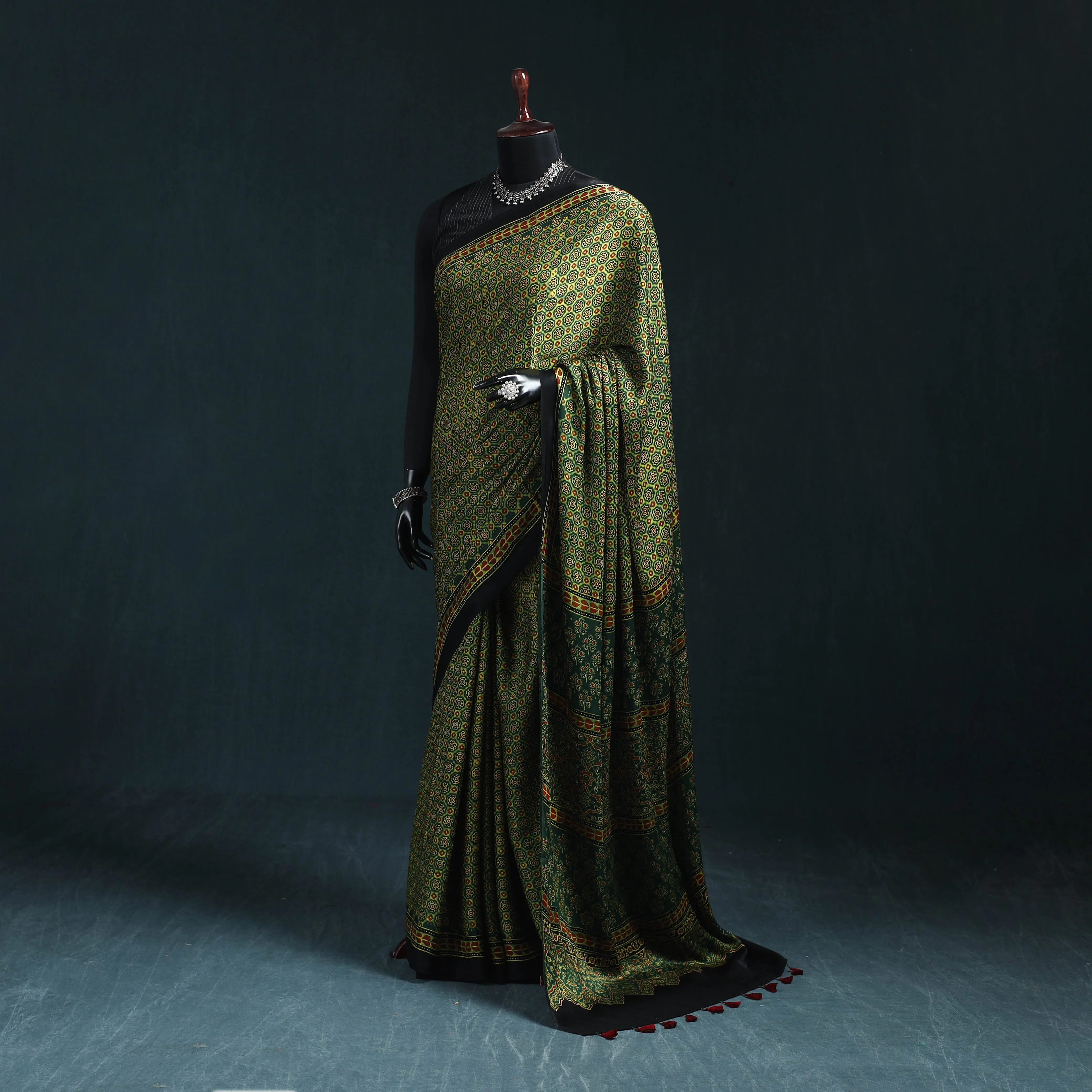 Green - Natural Dyed Modal Silk Kutch Hand Block Print Ajrakh Saree 16 sold by Itokri