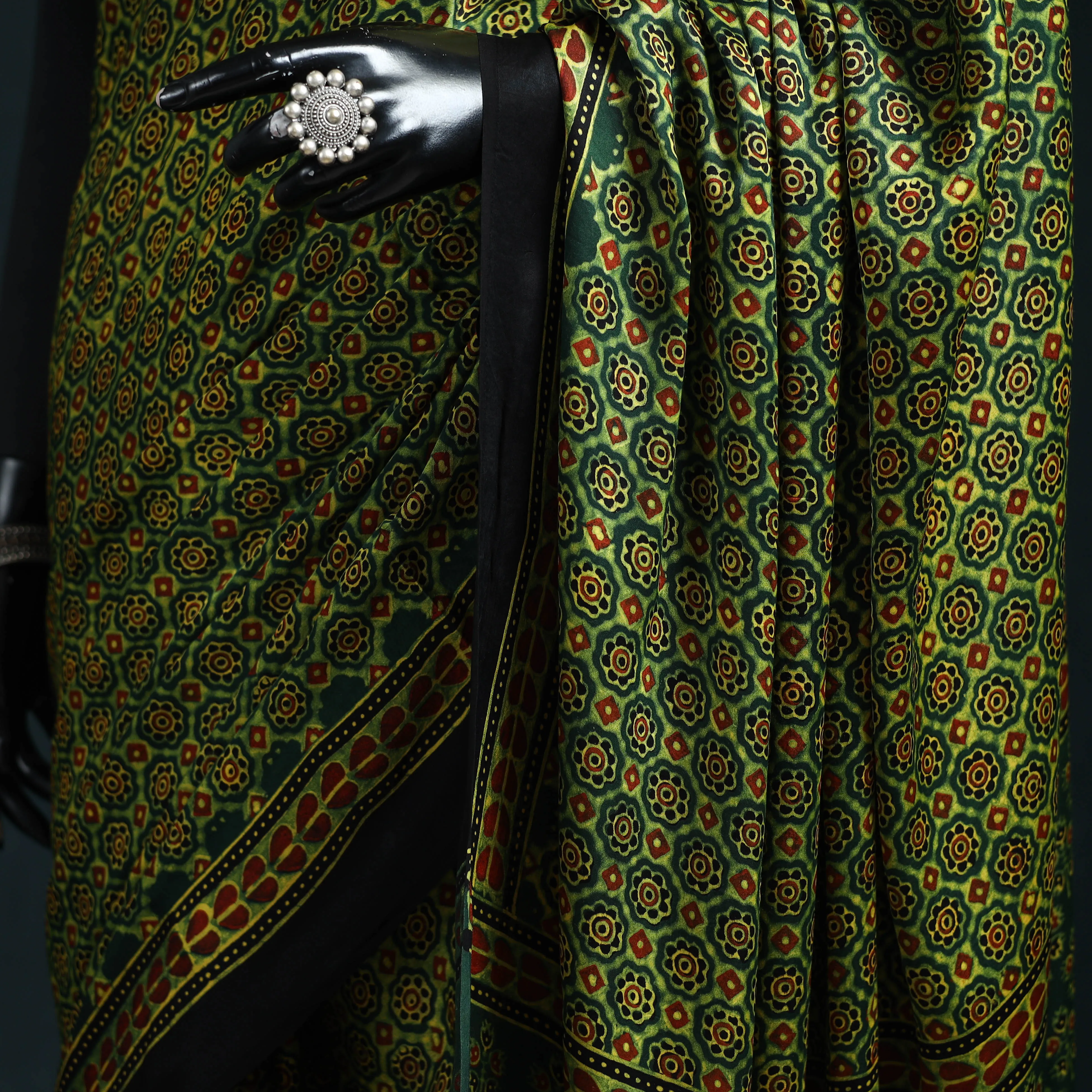 Green - Natural Dyed Modal Silk Kutch Hand Block Print Ajrakh Saree 16 sold by Itokri product image thumbnail 3