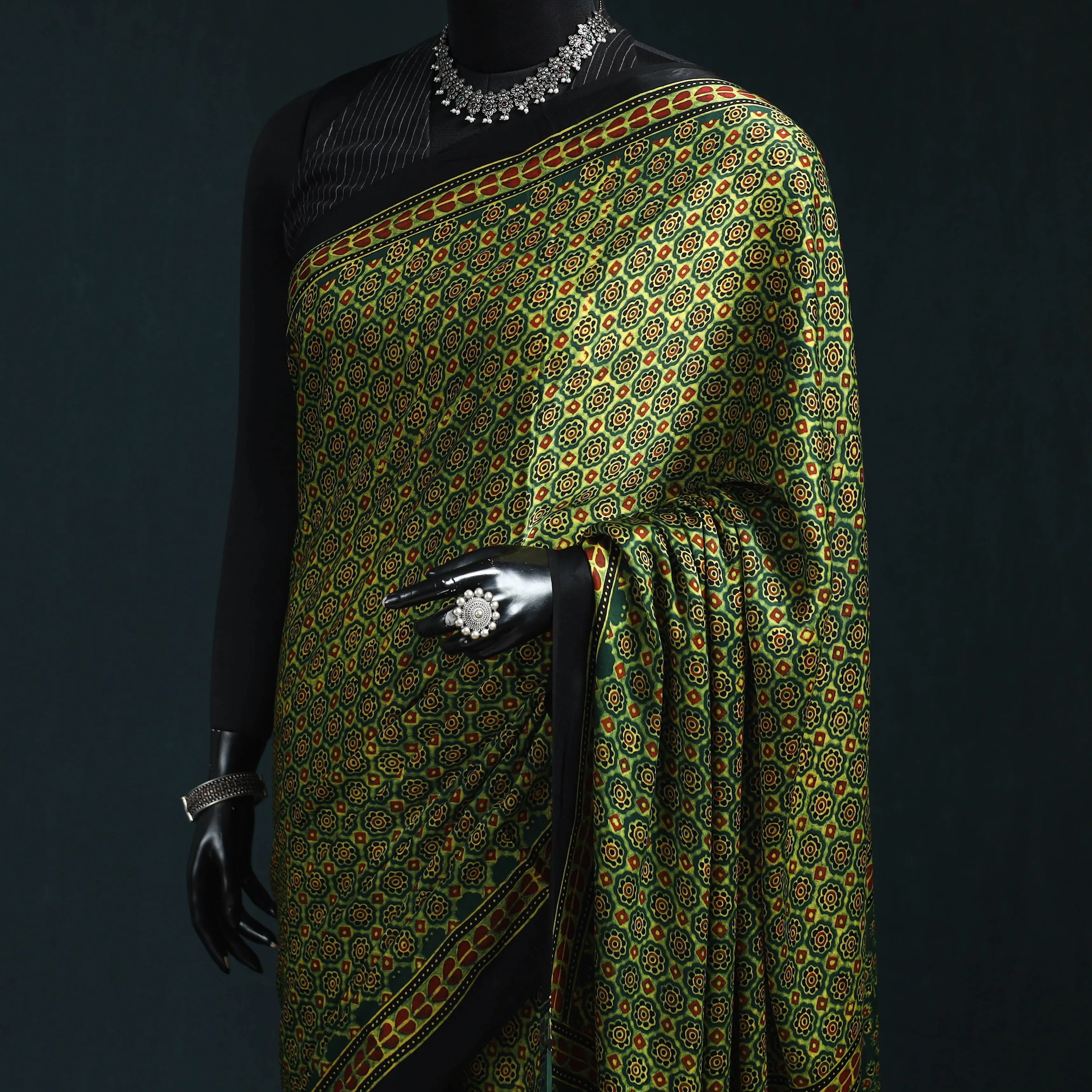 Green - Natural Dyed Modal Silk Kutch Hand Block Print Ajrakh Saree 16 sold by Itokri product image thumbnail 2