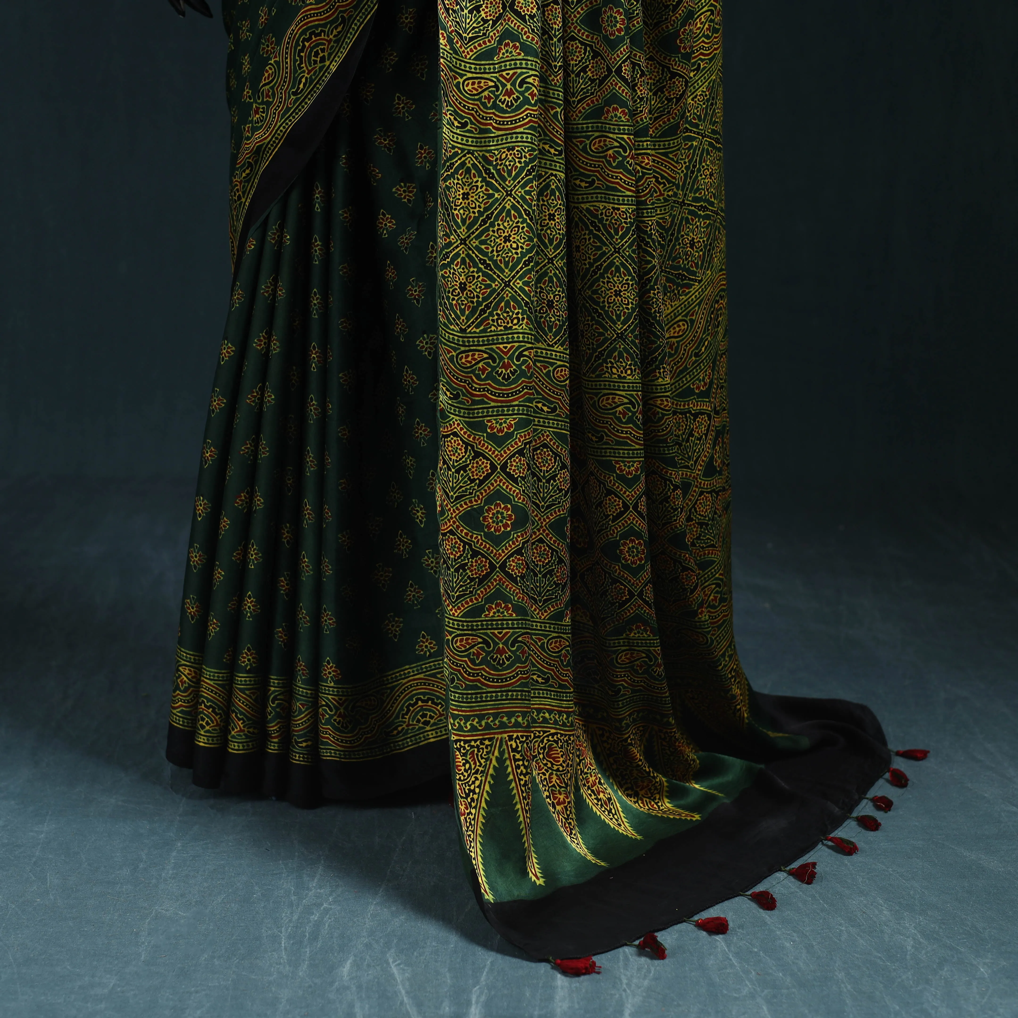 Green - Natural Dyed Modal Silk Kutch Hand Block Print Ajrakh Saree 23 sold by Itokri product image thumbnail 4