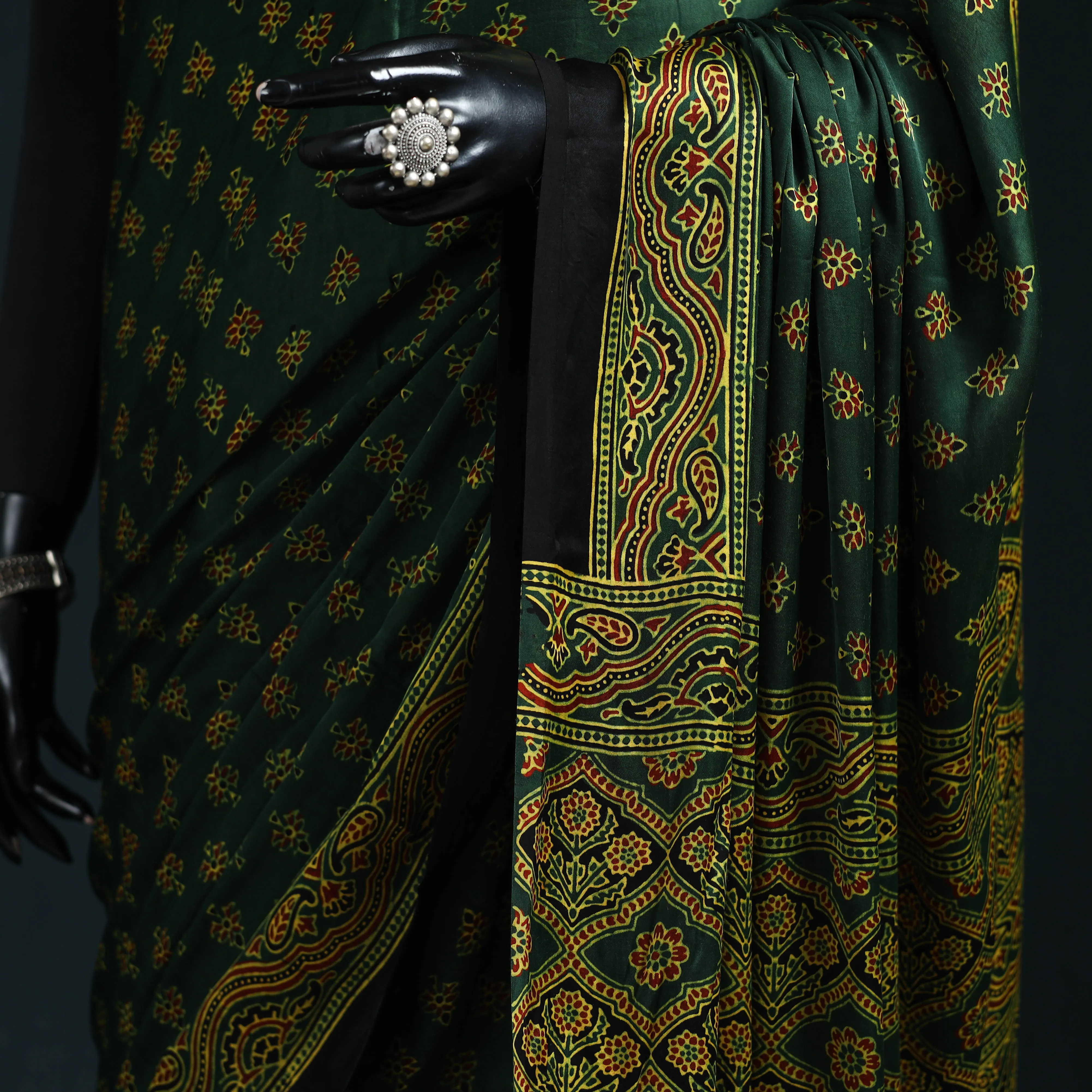 Green - Natural Dyed Modal Silk Kutch Hand Block Print Ajrakh Saree 23 sold by Itokri product image thumbnail 3