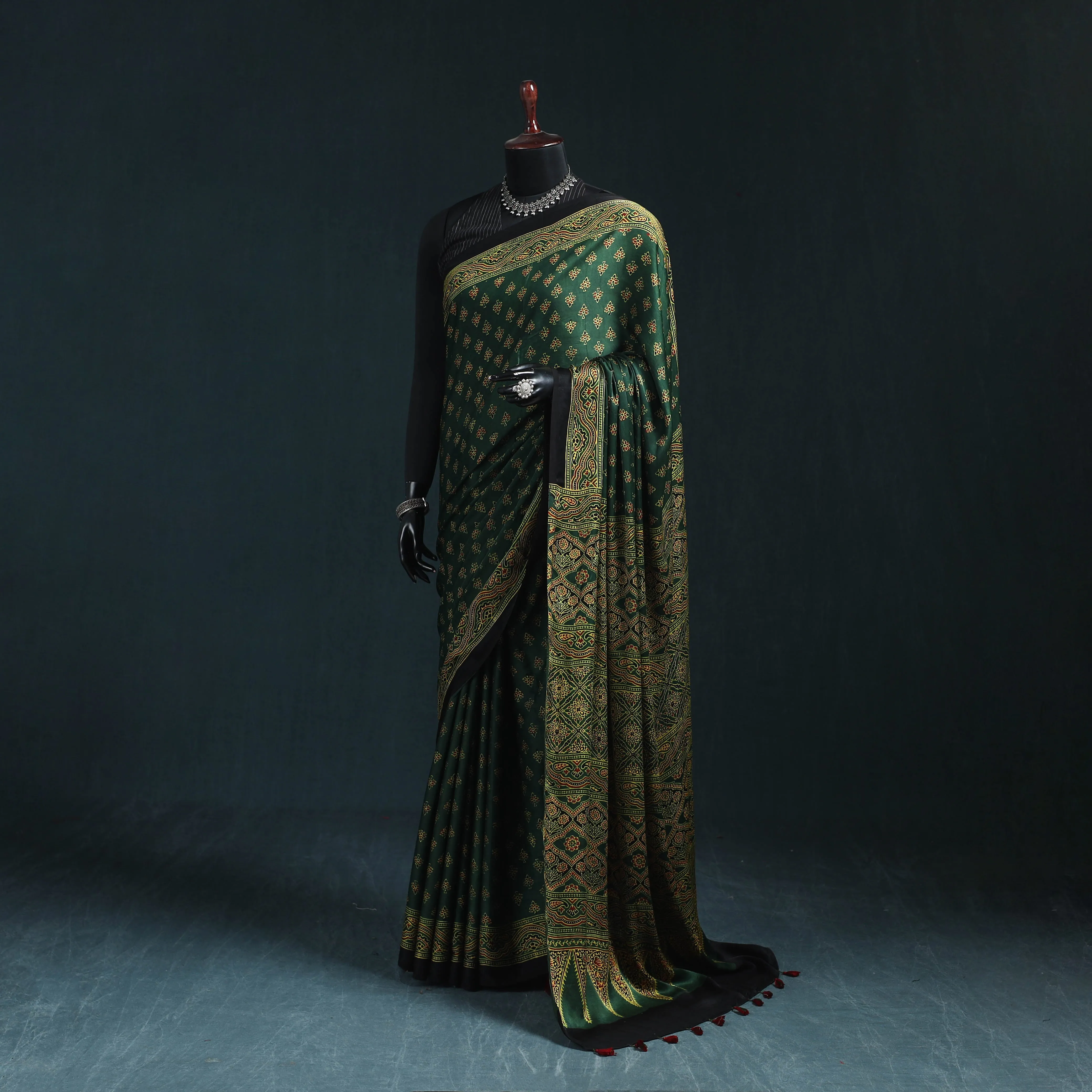 Green - Natural Dyed Modal Silk Kutch Hand Block Print Ajrakh Saree 23 sold by Itokri