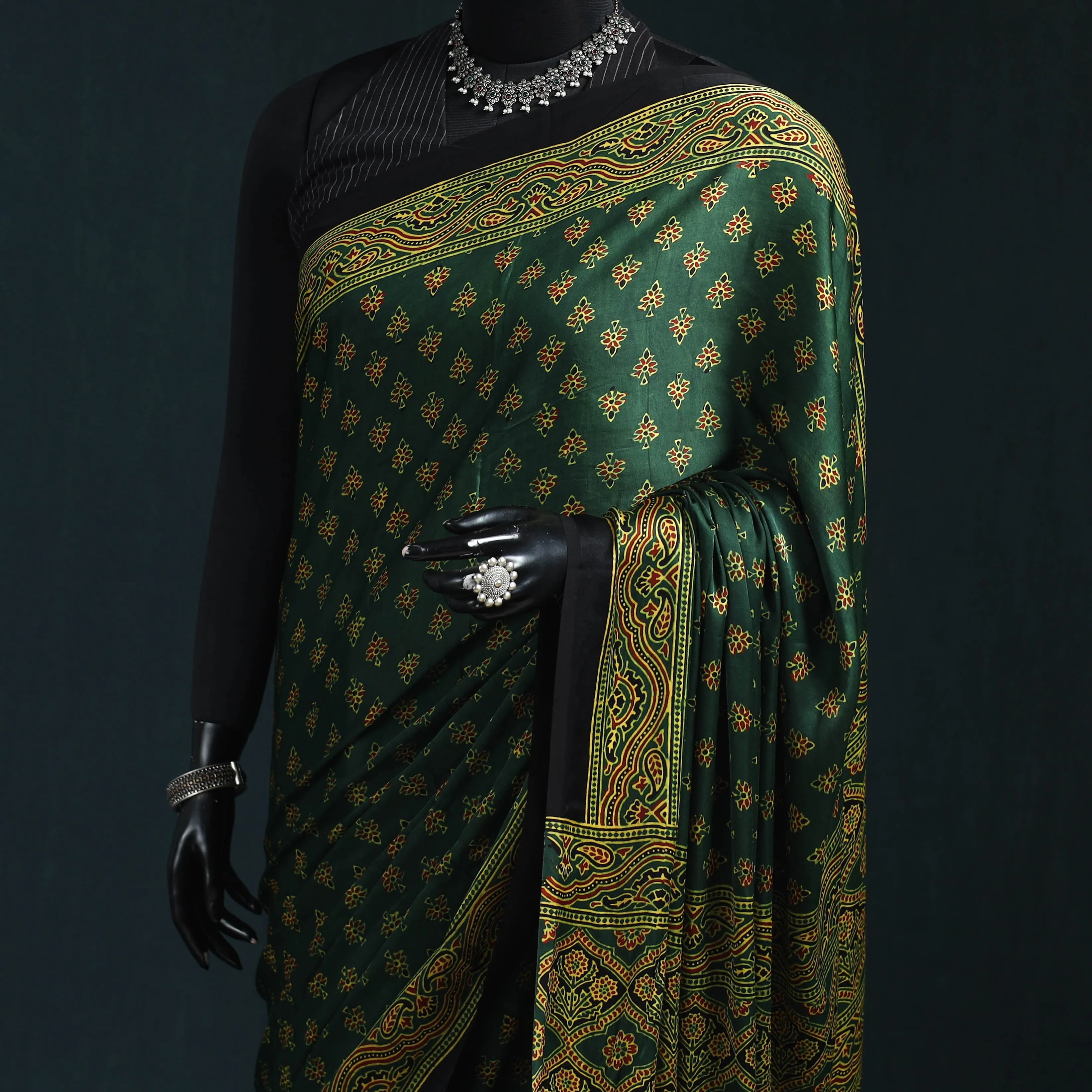 Green - Natural Dyed Modal Silk Kutch Hand Block Print Ajrakh Saree 23 sold by Itokri product image thumbnail 2
