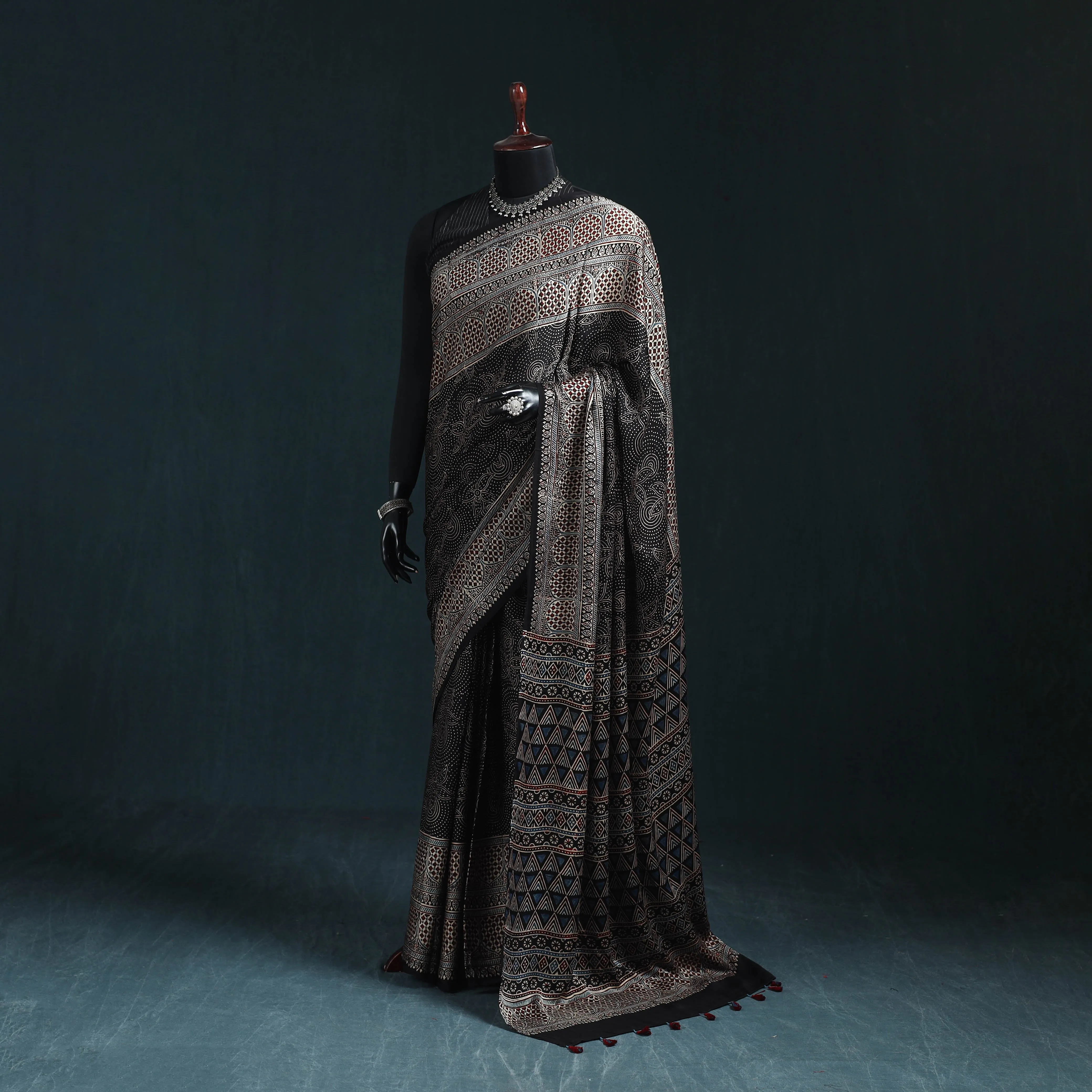 Natural Dyed Modal Silk Kutch Hand Block Print Ajrakh Saree 21 sold by Itokri