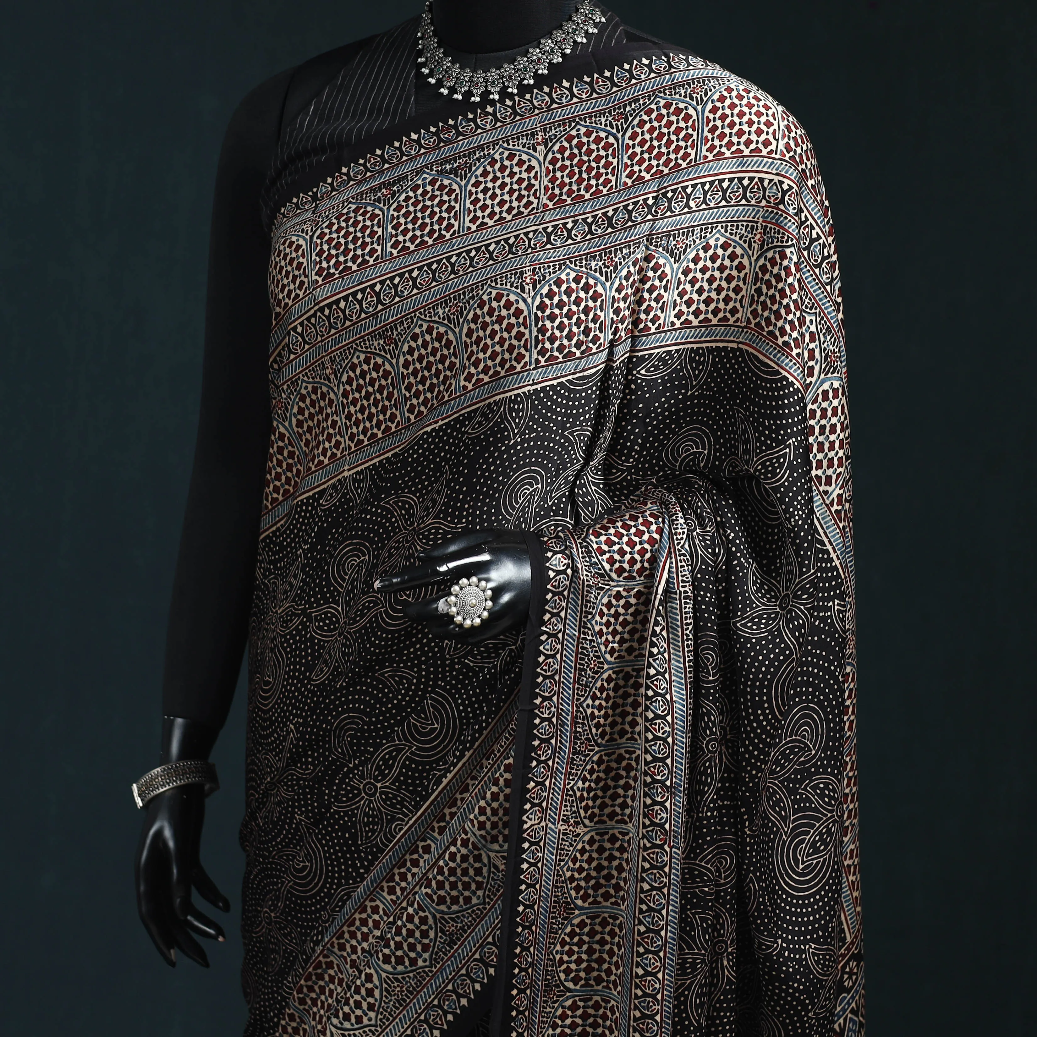 Natural Dyed Modal Silk Kutch Hand Block Print Ajrakh Saree 21 sold by Itokri product image thumbnail 2