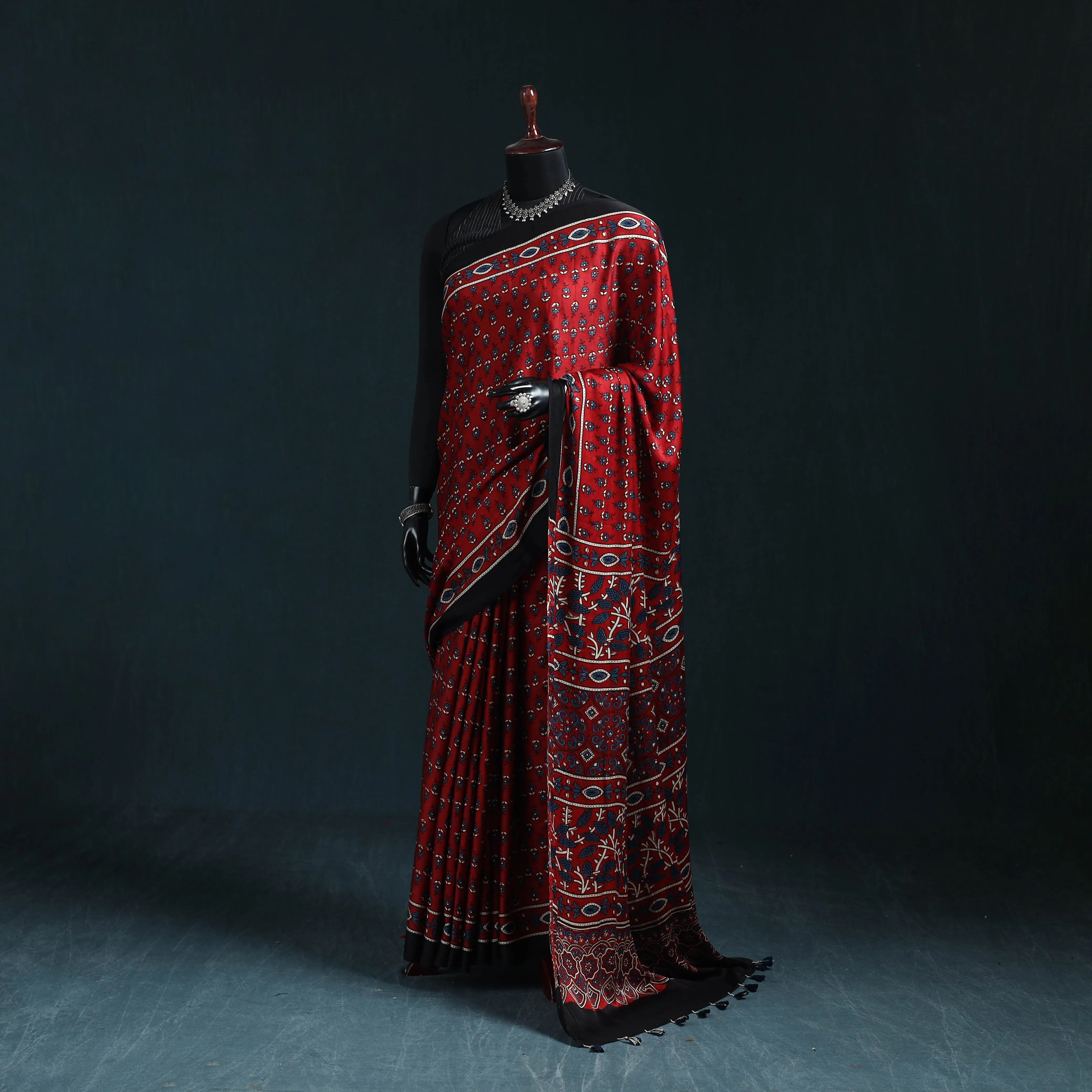 Red - Natural Dyed Modal Silk Kutch Hand Block Print Ajrakh Saree 27 sold by Itokri