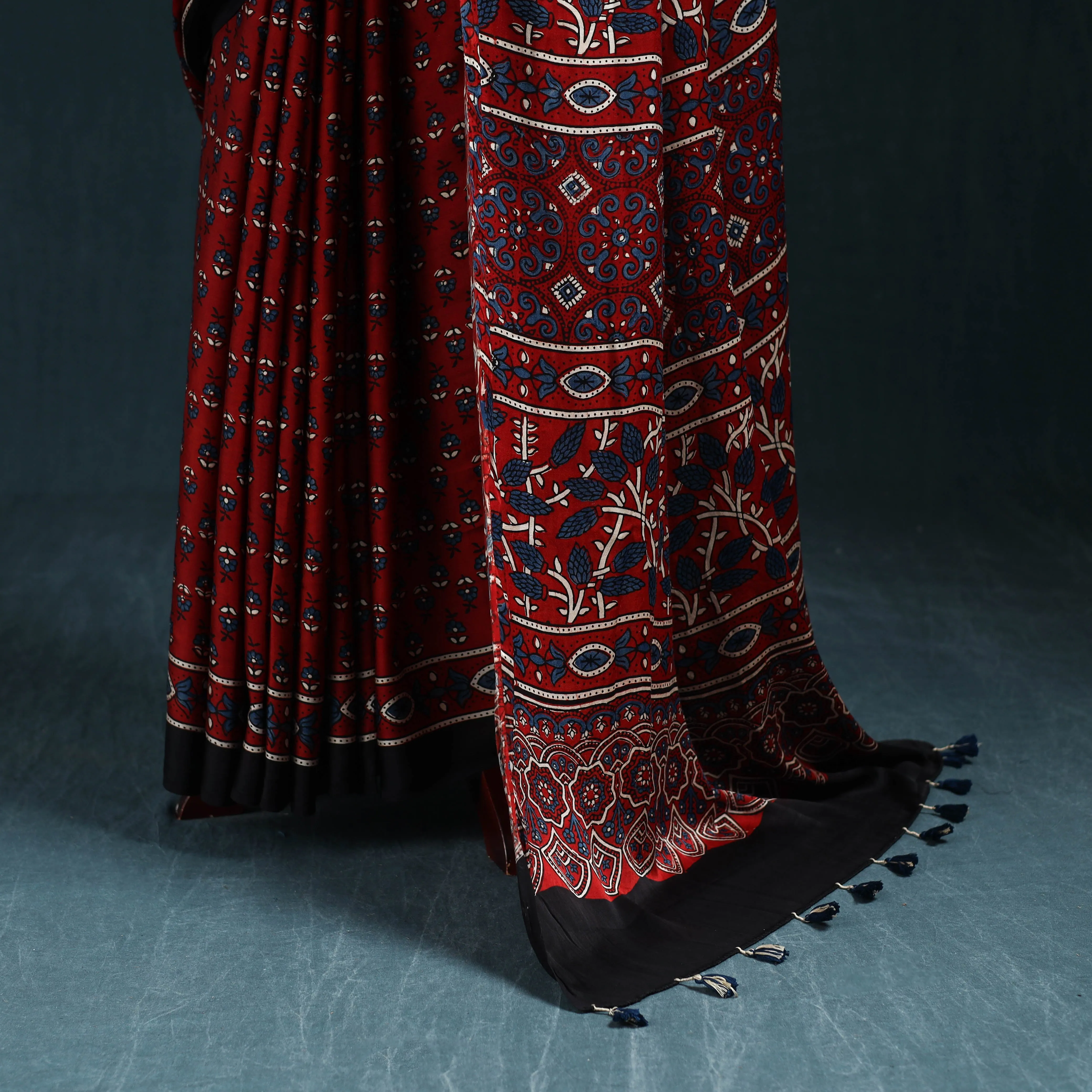 Red - Natural Dyed Modal Silk Kutch Hand Block Print Ajrakh Saree 27 sold by Itokri product image thumbnail 4