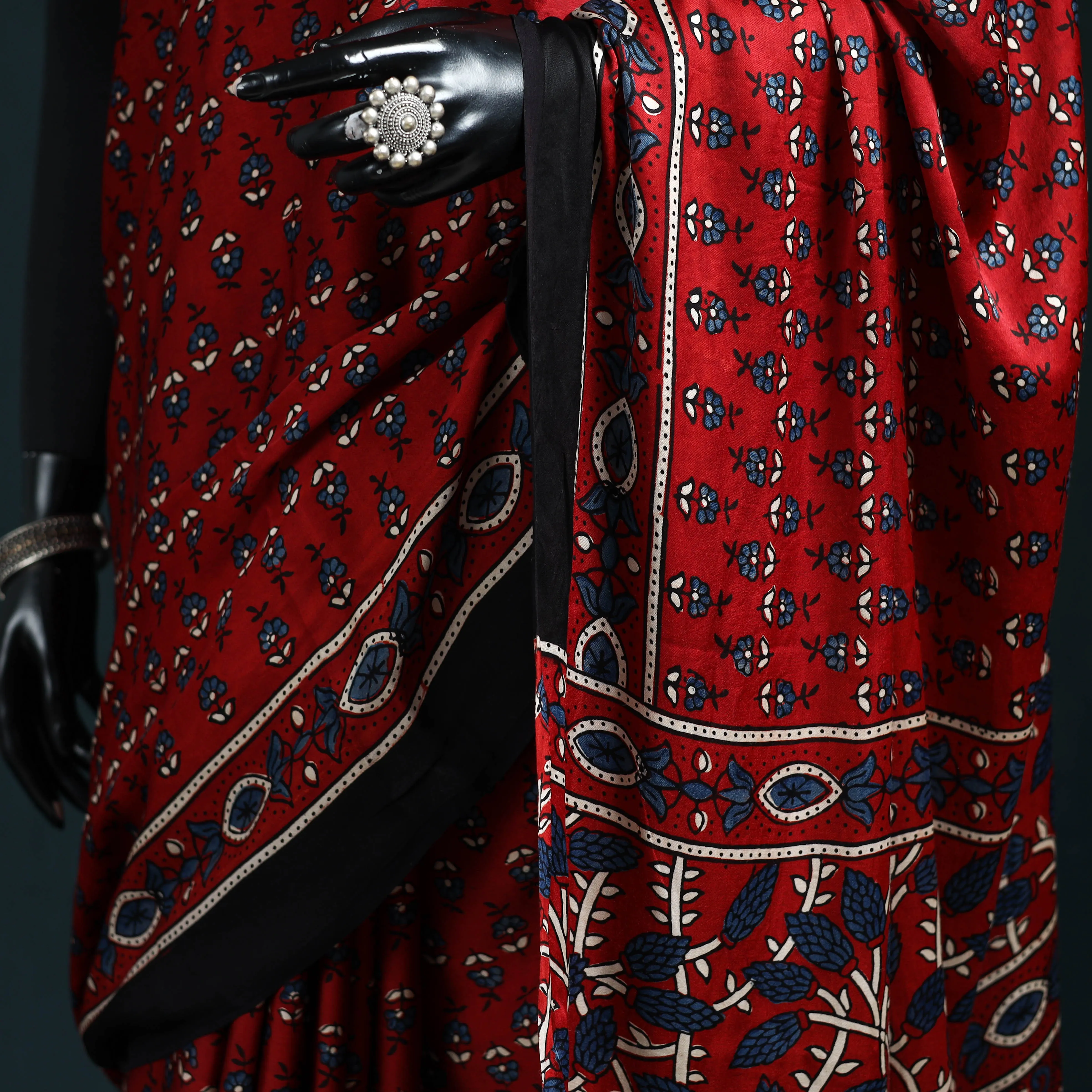 Red - Natural Dyed Modal Silk Kutch Hand Block Print Ajrakh Saree 27 sold by Itokri product image thumbnail 3