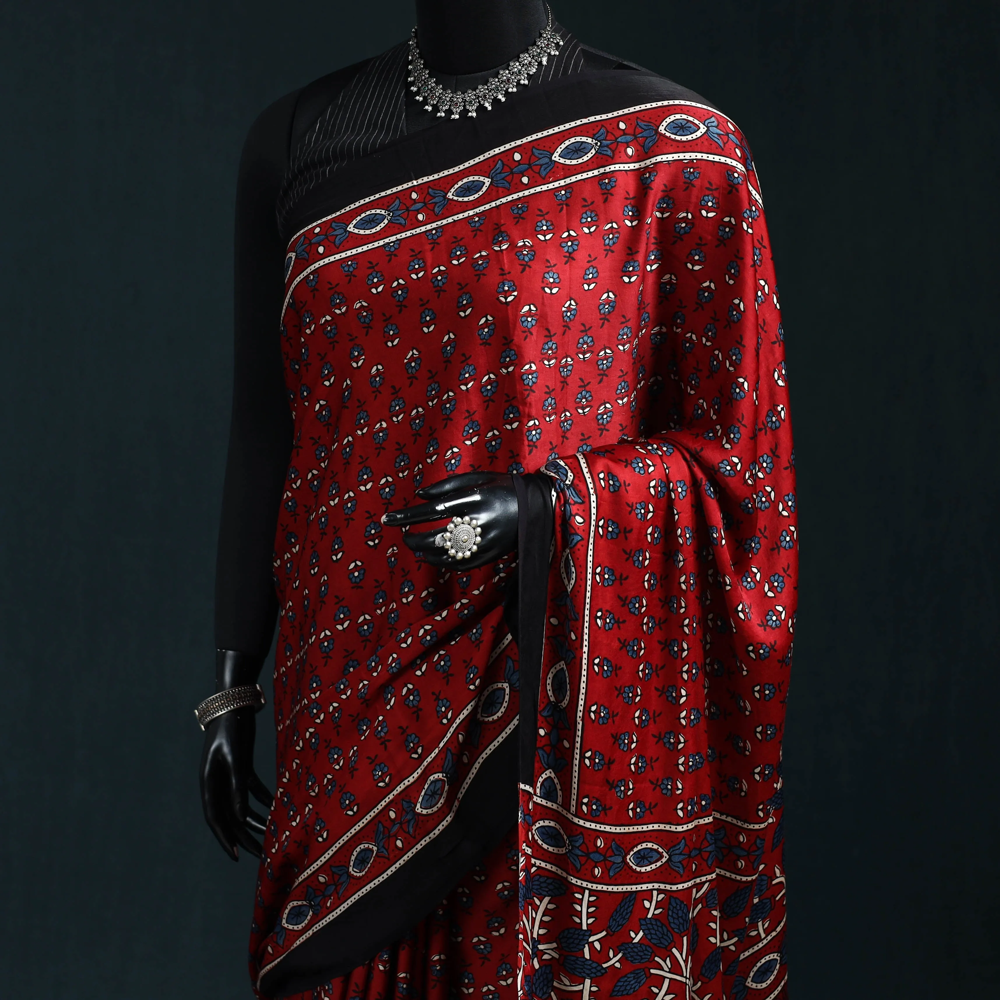 Red - Natural Dyed Modal Silk Kutch Hand Block Print Ajrakh Saree 27 sold by Itokri product image thumbnail 2