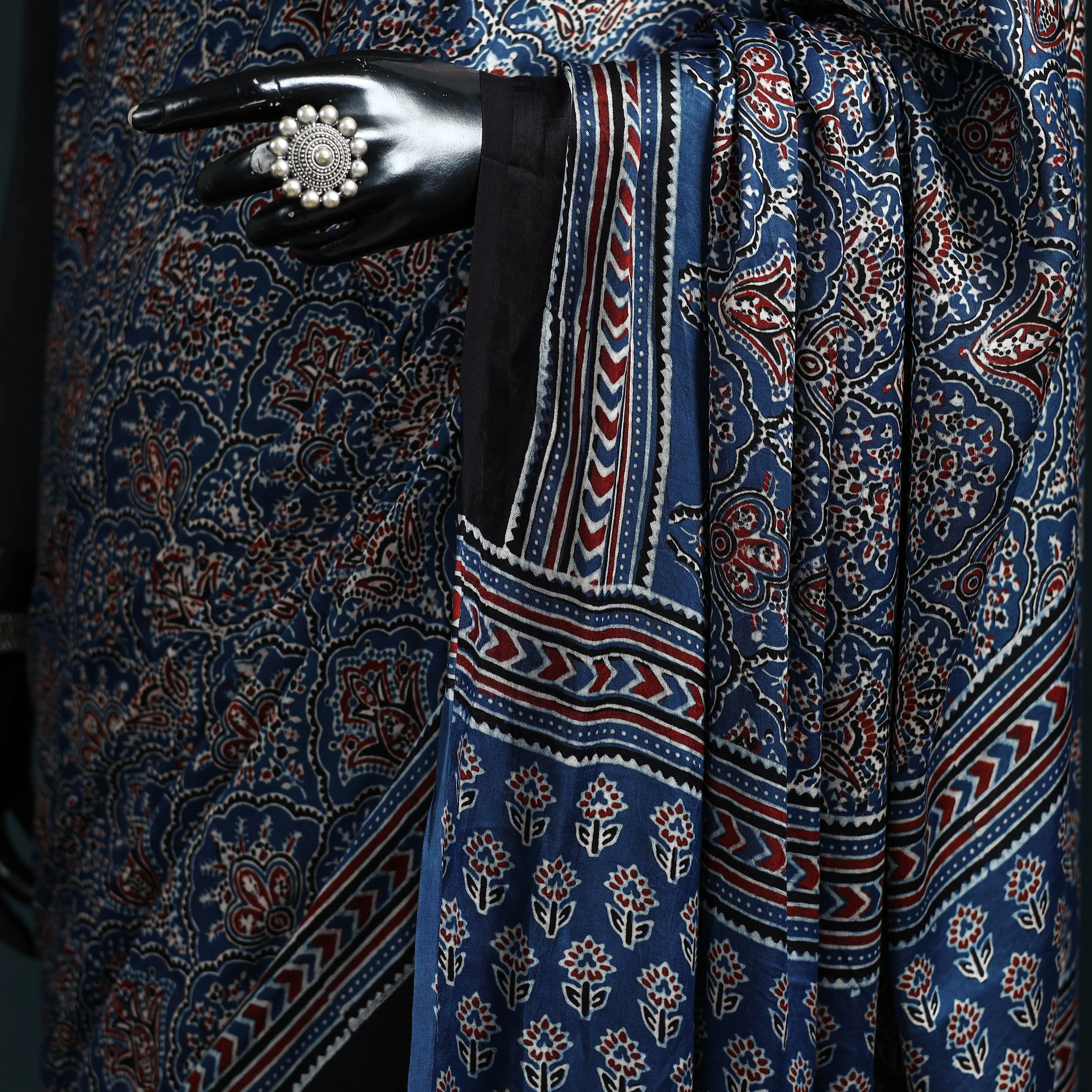 Natural Dyed Modal Silk Kutch Hand Block Print Ajrakh Saree 26 sold by Itokri product image thumbnail 3