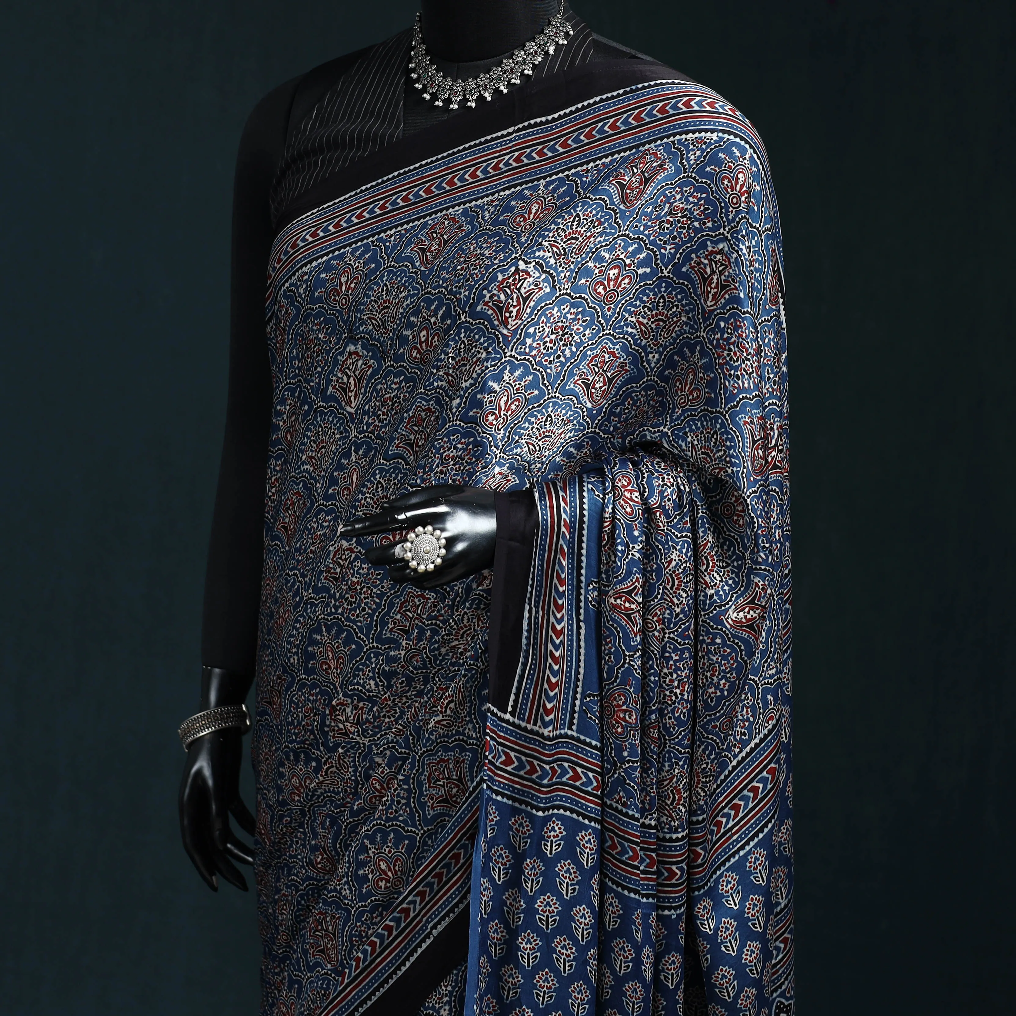 Natural Dyed Modal Silk Kutch Hand Block Print Ajrakh Saree 26 sold by Itokri product image thumbnail 2