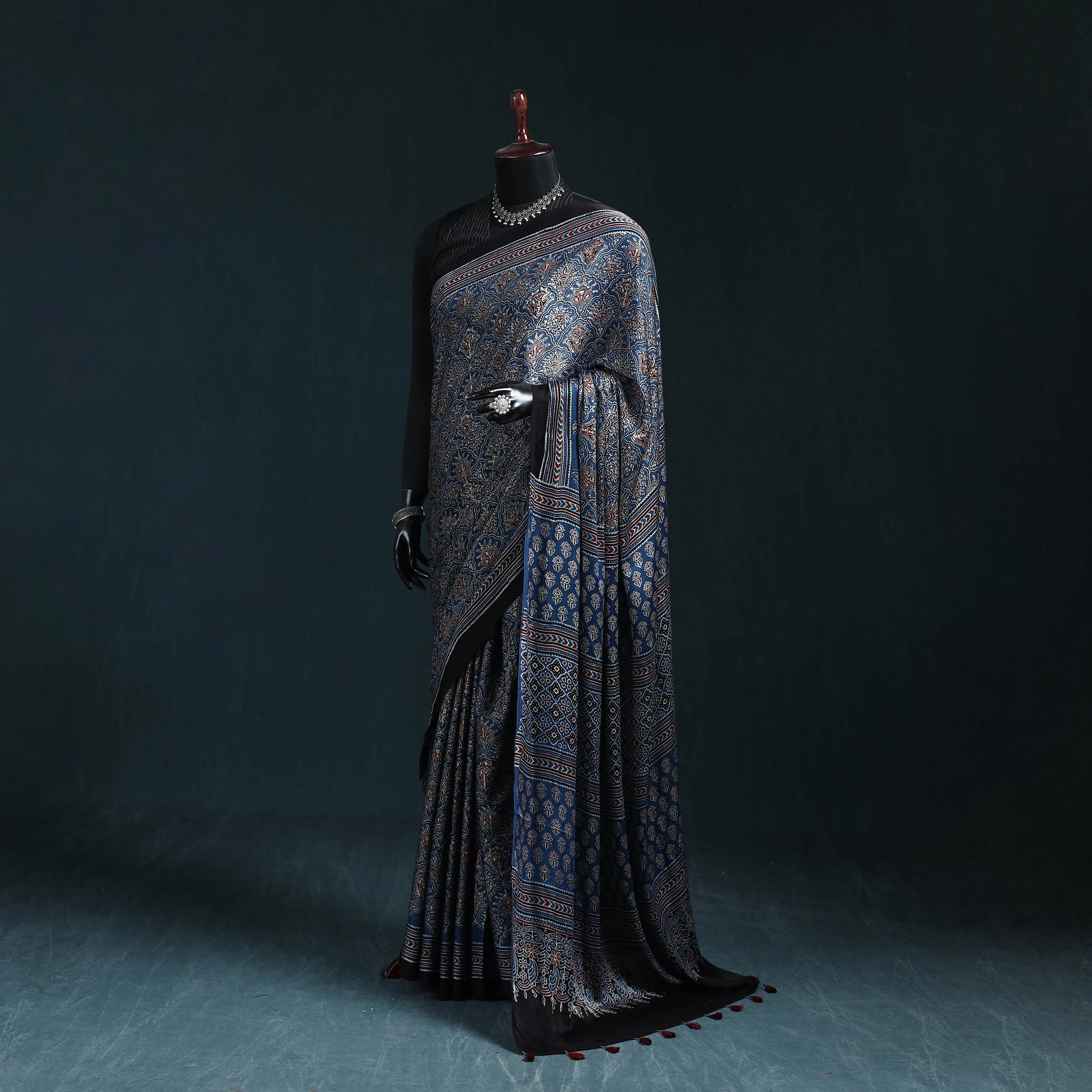 Natural Dyed Modal Silk Kutch Hand Block Print Ajrakh Saree 26 sold by Itokri