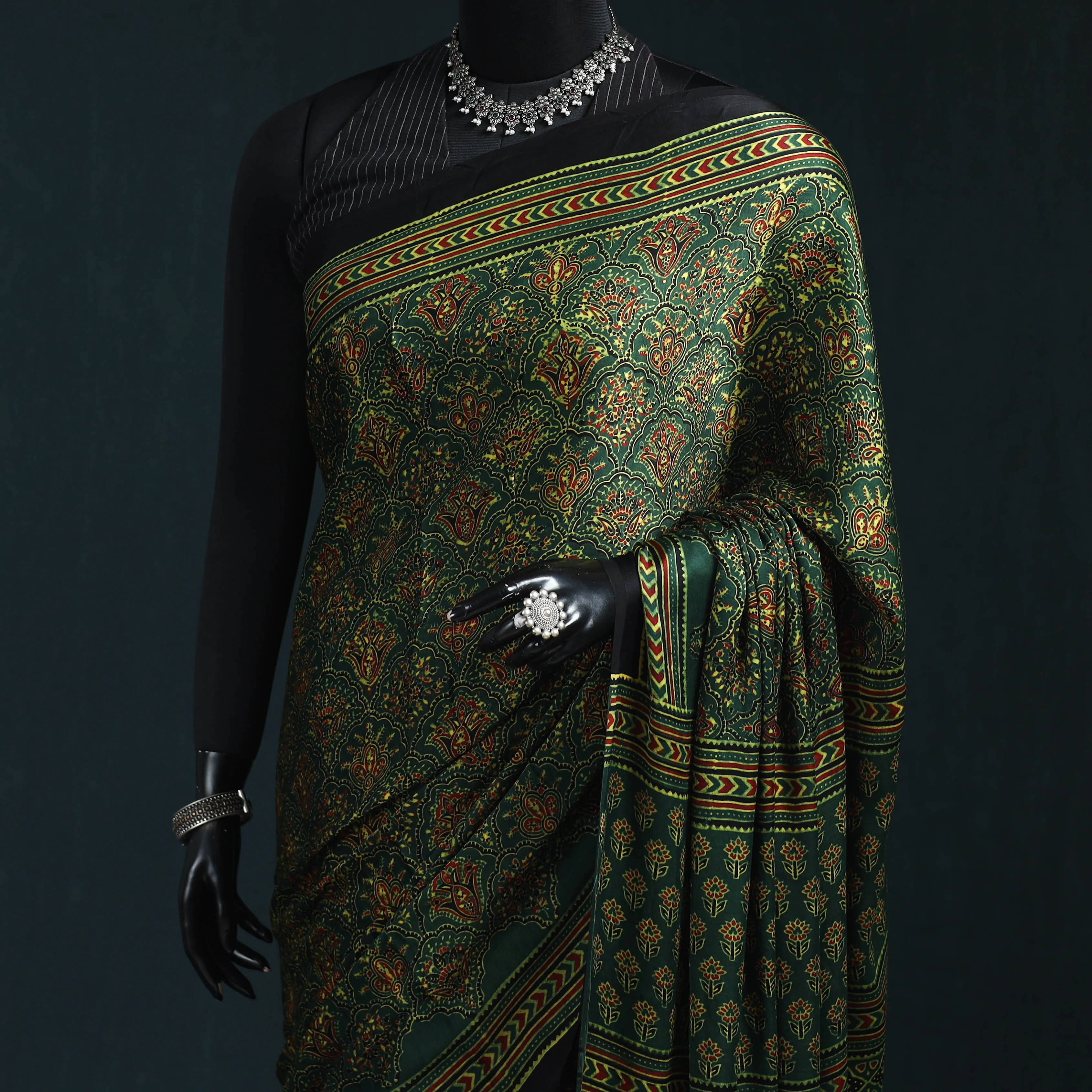 Natural Dyed Modal Silk Kutch Hand Block Print Ajrakh Saree 25 sold by Itokri product image thumbnail 2