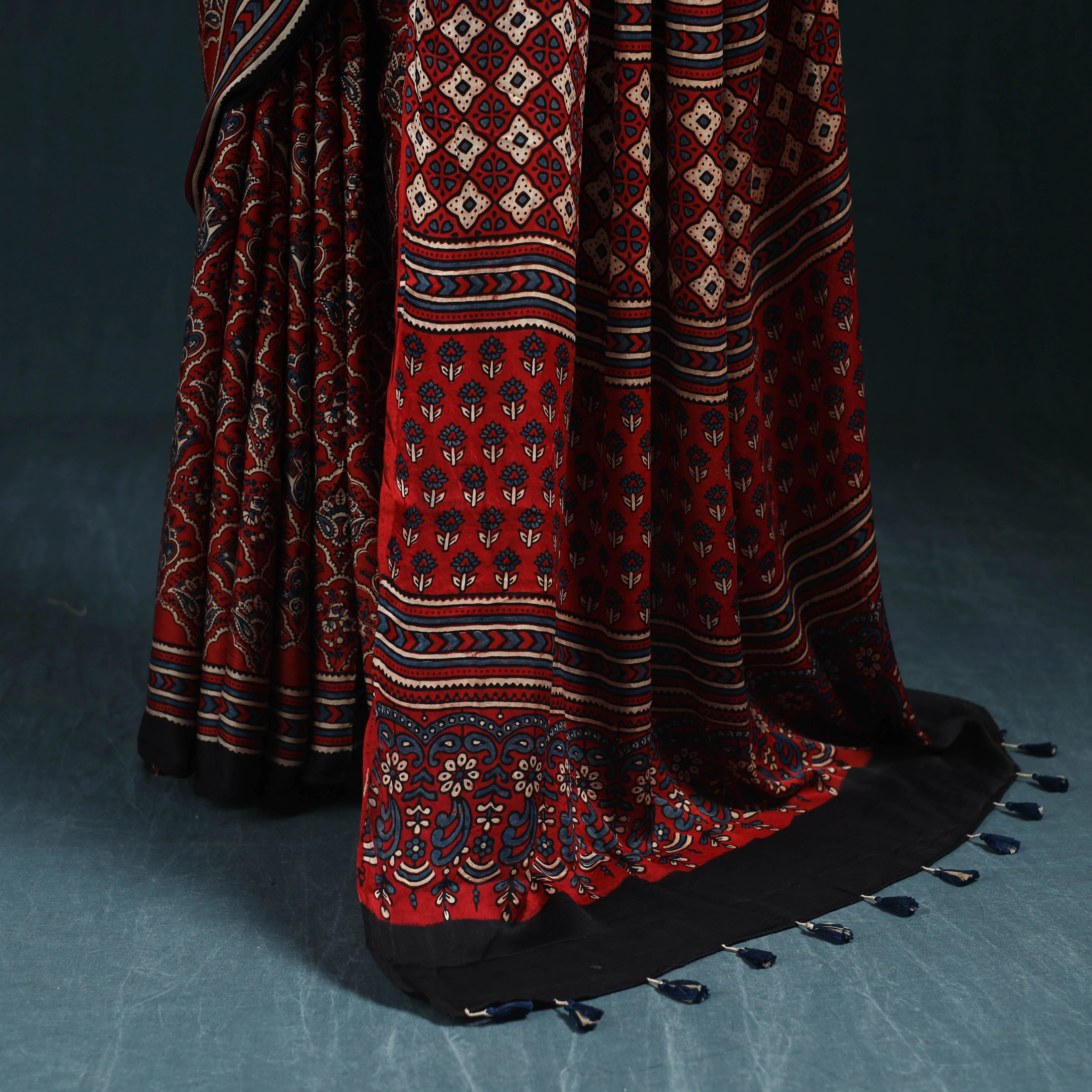 Red - Natural Dyed Modal Silk Kutch Hand Block Print Ajrakh Saree 24 sold by Itokri product image thumbnail 4