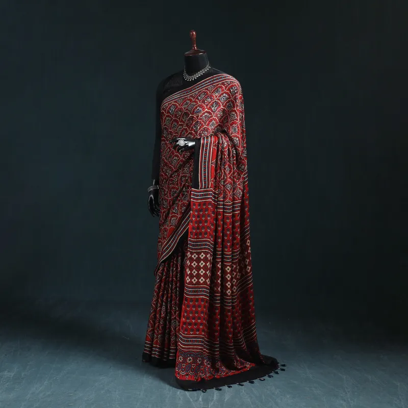 Red - Natural Dyed Modal Silk Kutch Hand Block Print Ajrakh Saree 24 made by Itokri