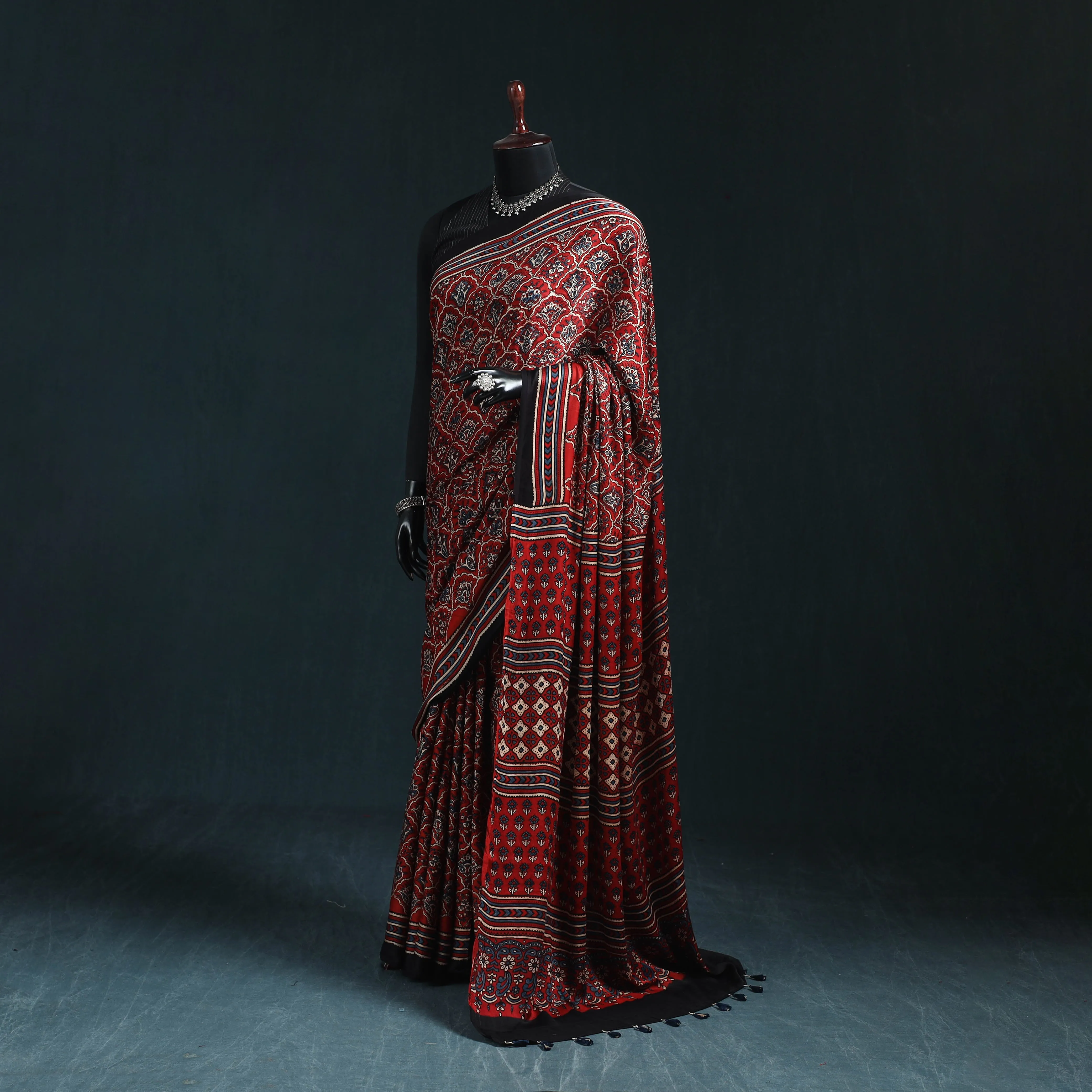 Red - Natural Dyed Modal Silk Kutch Hand Block Print Ajrakh Saree 24 sold by Itokri