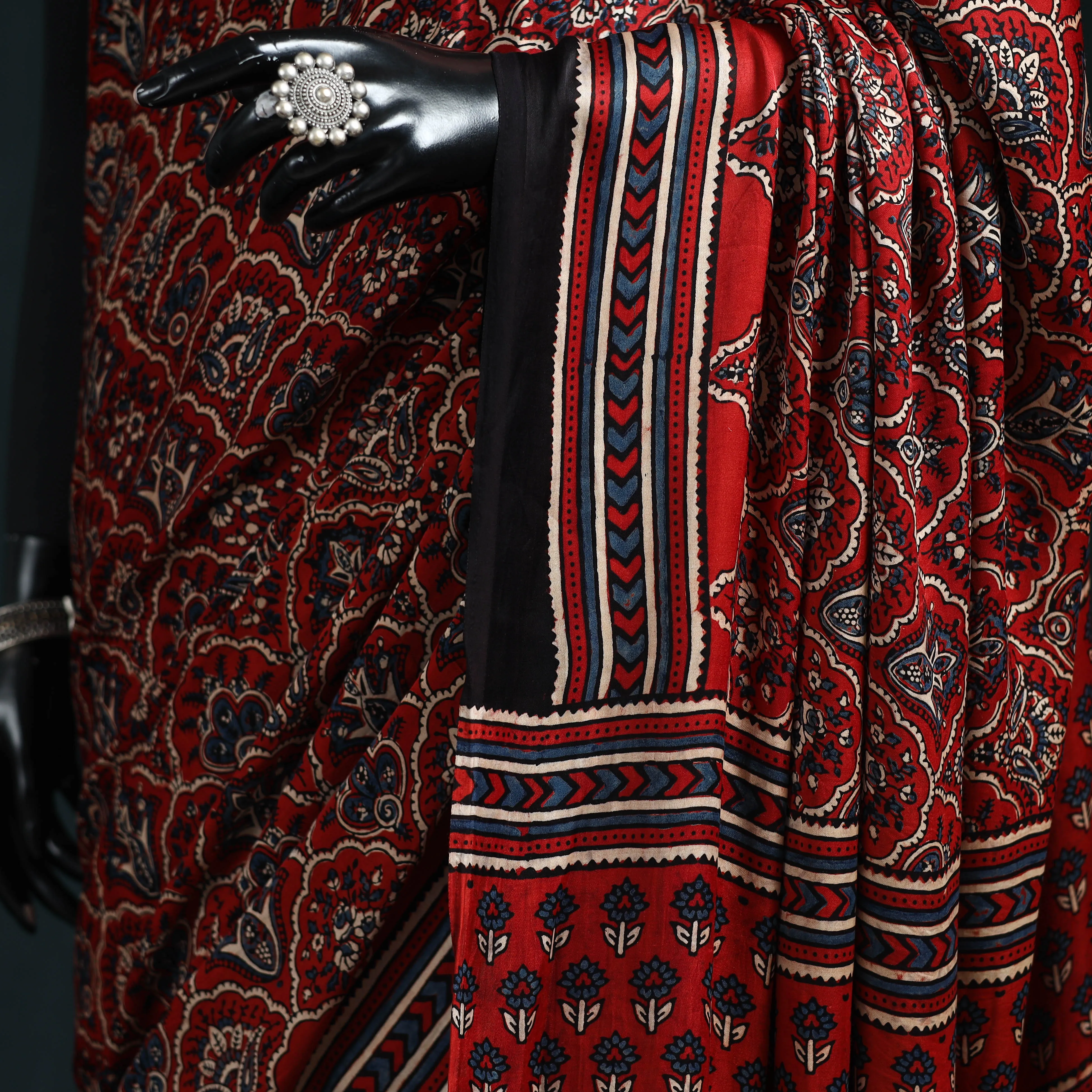 Red - Natural Dyed Modal Silk Kutch Hand Block Print Ajrakh Saree 24 sold by Itokri product image thumbnail 3