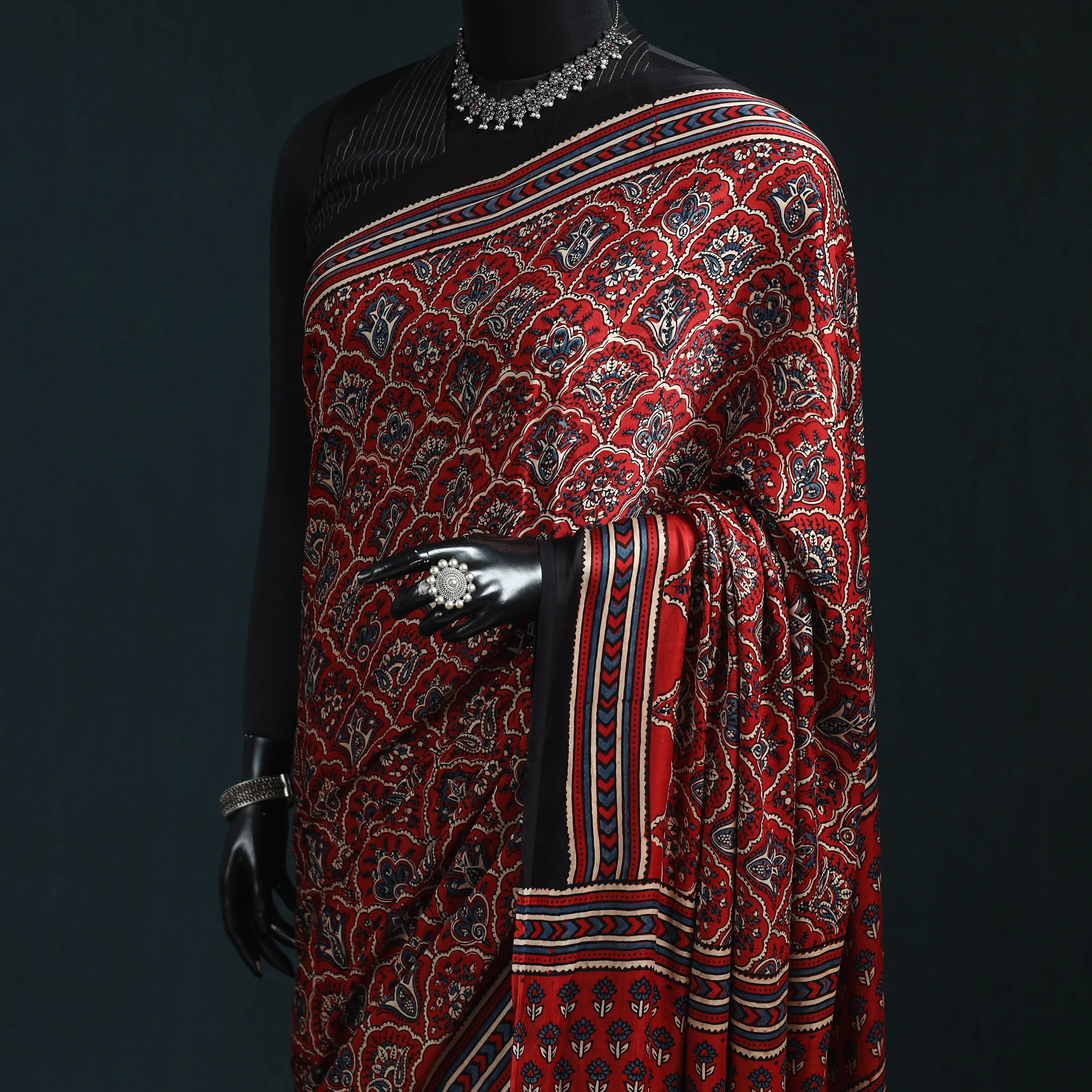 Red - Natural Dyed Modal Silk Kutch Hand Block Print Ajrakh Saree 24 sold by Itokri product image thumbnail 2