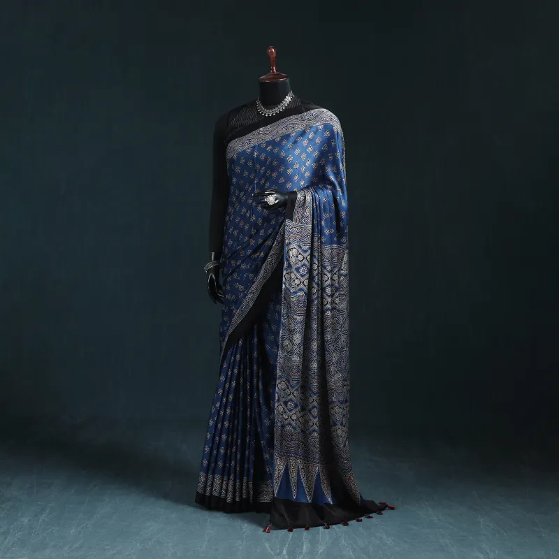 Blue - Natural Dyed Modal Silk Kutch Hand Block Print Ajrakh Saree 31 made by Itokri