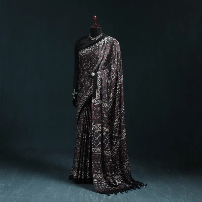 Brown - Natural Dyed Modal Silk Kutch Hand Block Print Ajrakh Saree 35 made by Itokri
