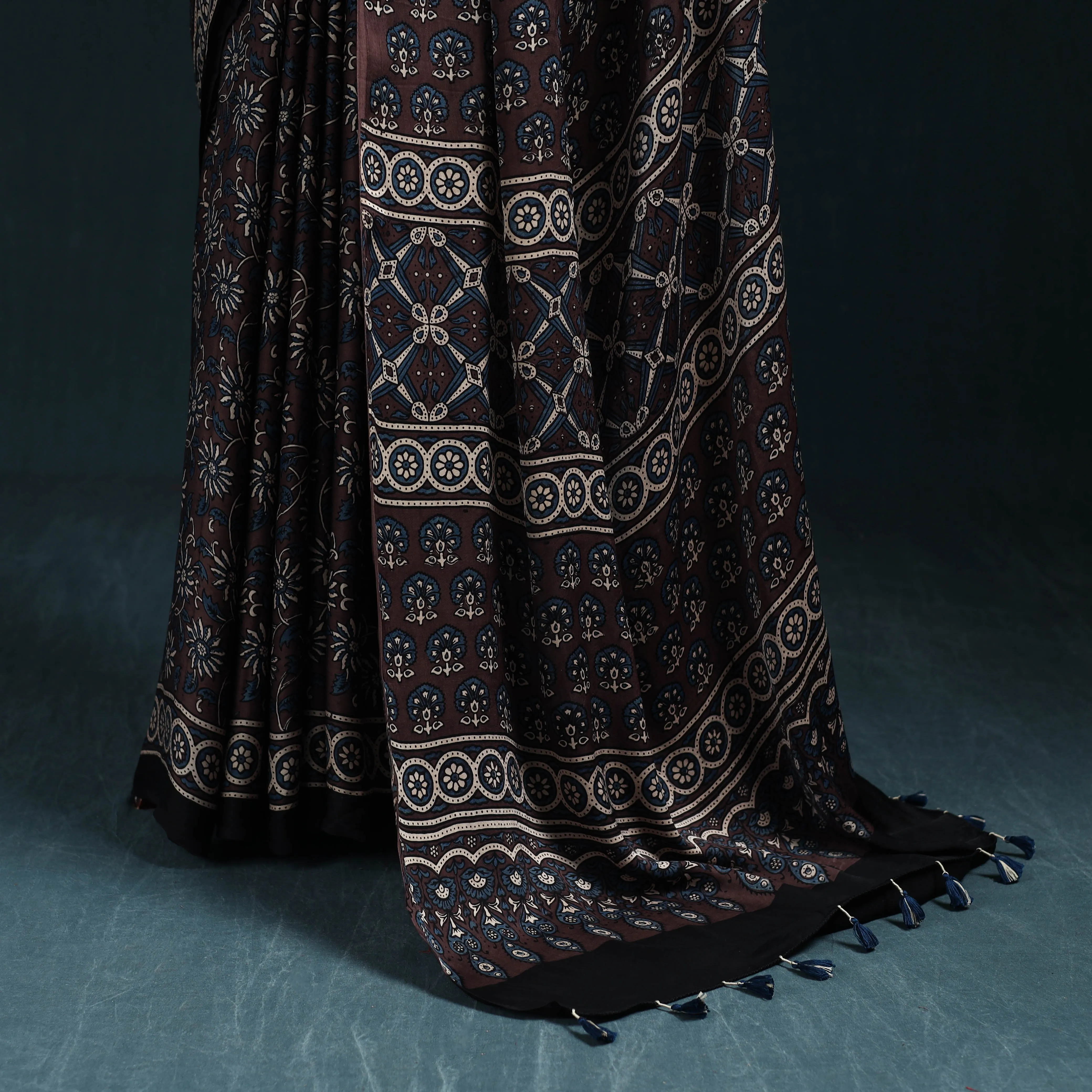 Brown - Natural Dyed Modal Silk Kutch Hand Block Print Ajrakh Saree 35 sold by Itokri product image thumbnail 4