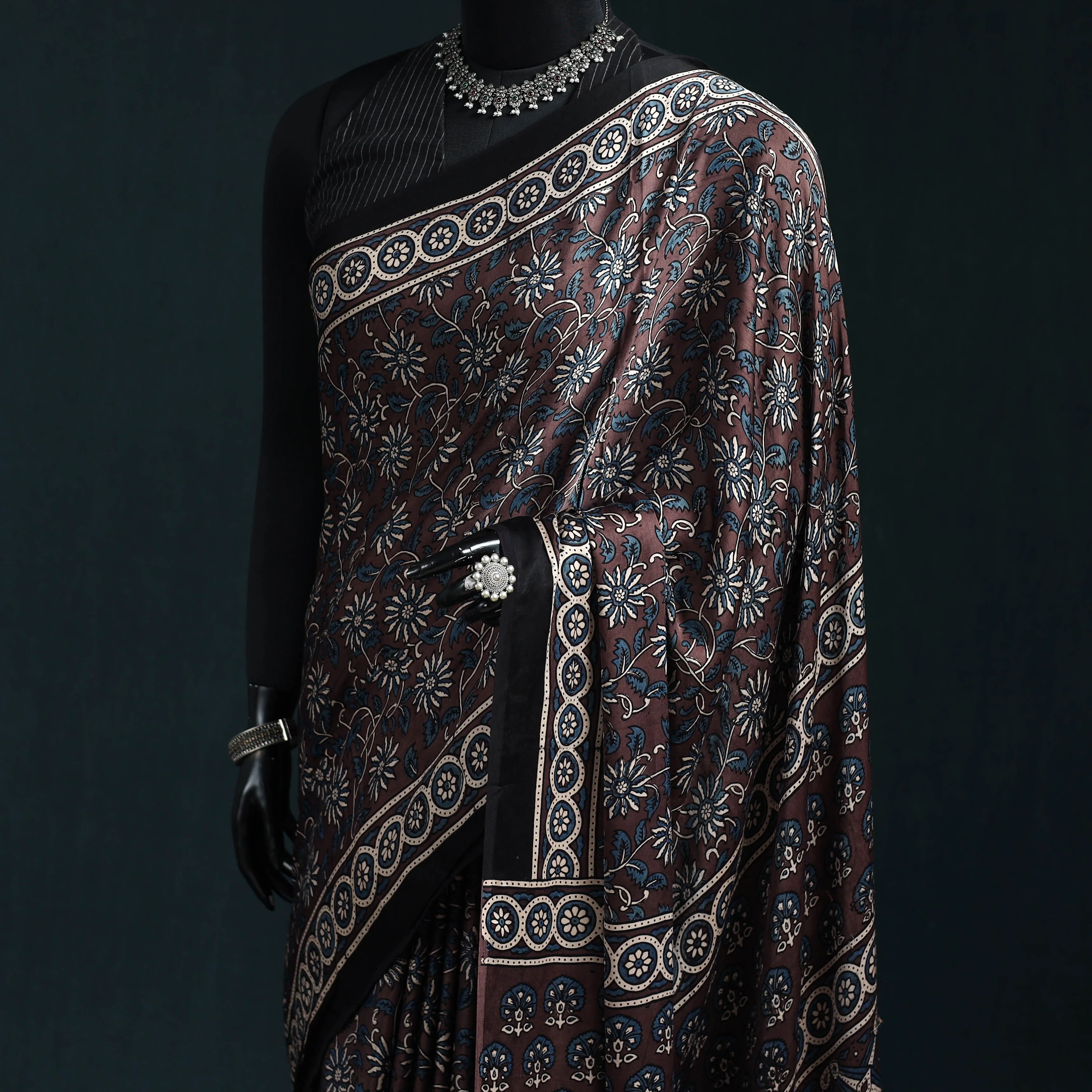 Brown - Natural Dyed Modal Silk Kutch Hand Block Print Ajrakh Saree 35 sold by Itokri product image thumbnail 2