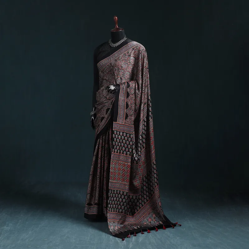 Natural Dyed Modal Silk Kutch Hand Block Print Ajrakh Saree 34 made by Itokri