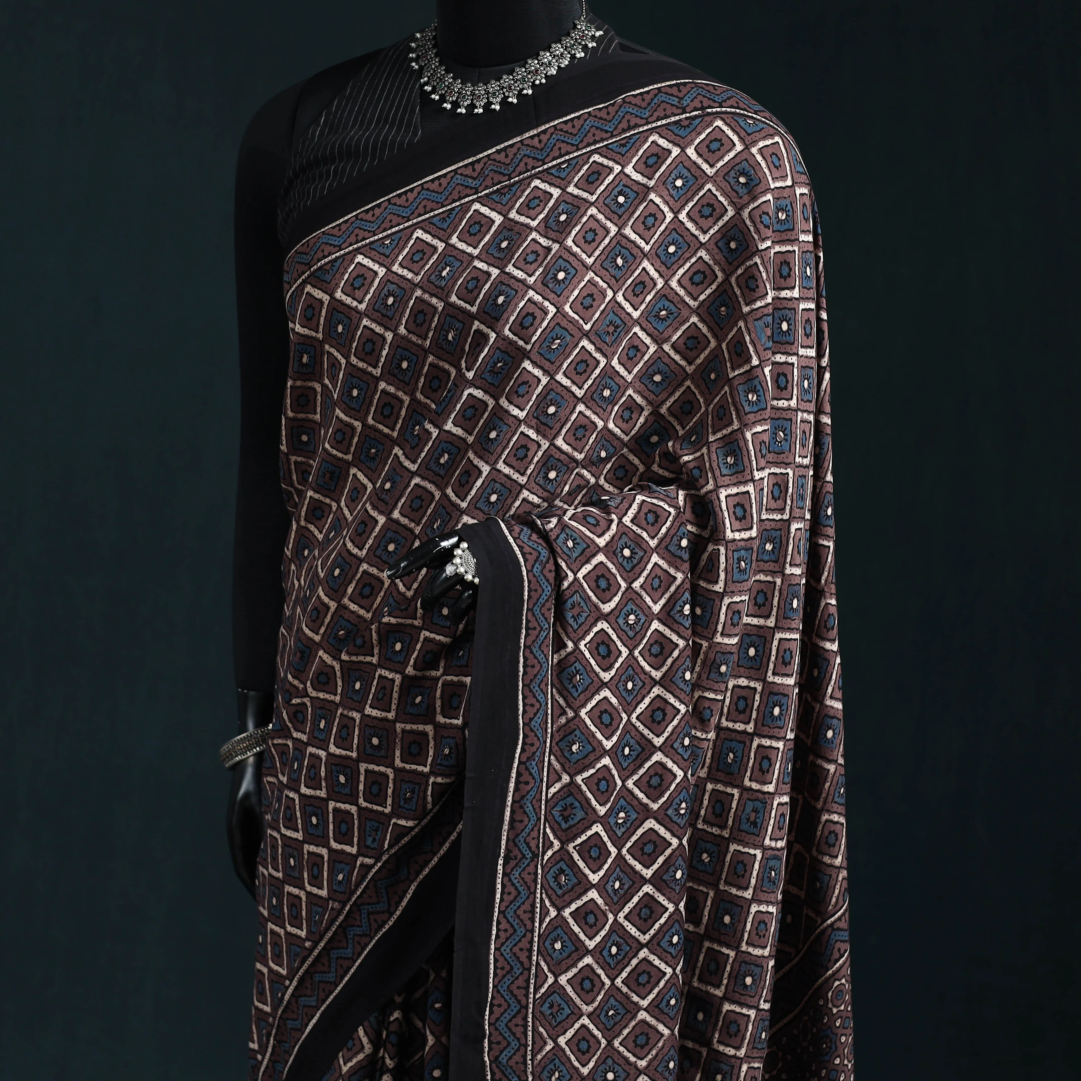 Brown - Natural Dyed Modal Silk Kutch Hand Block Print Ajrakh Saree 33 sold by Itokri product image thumbnail 2