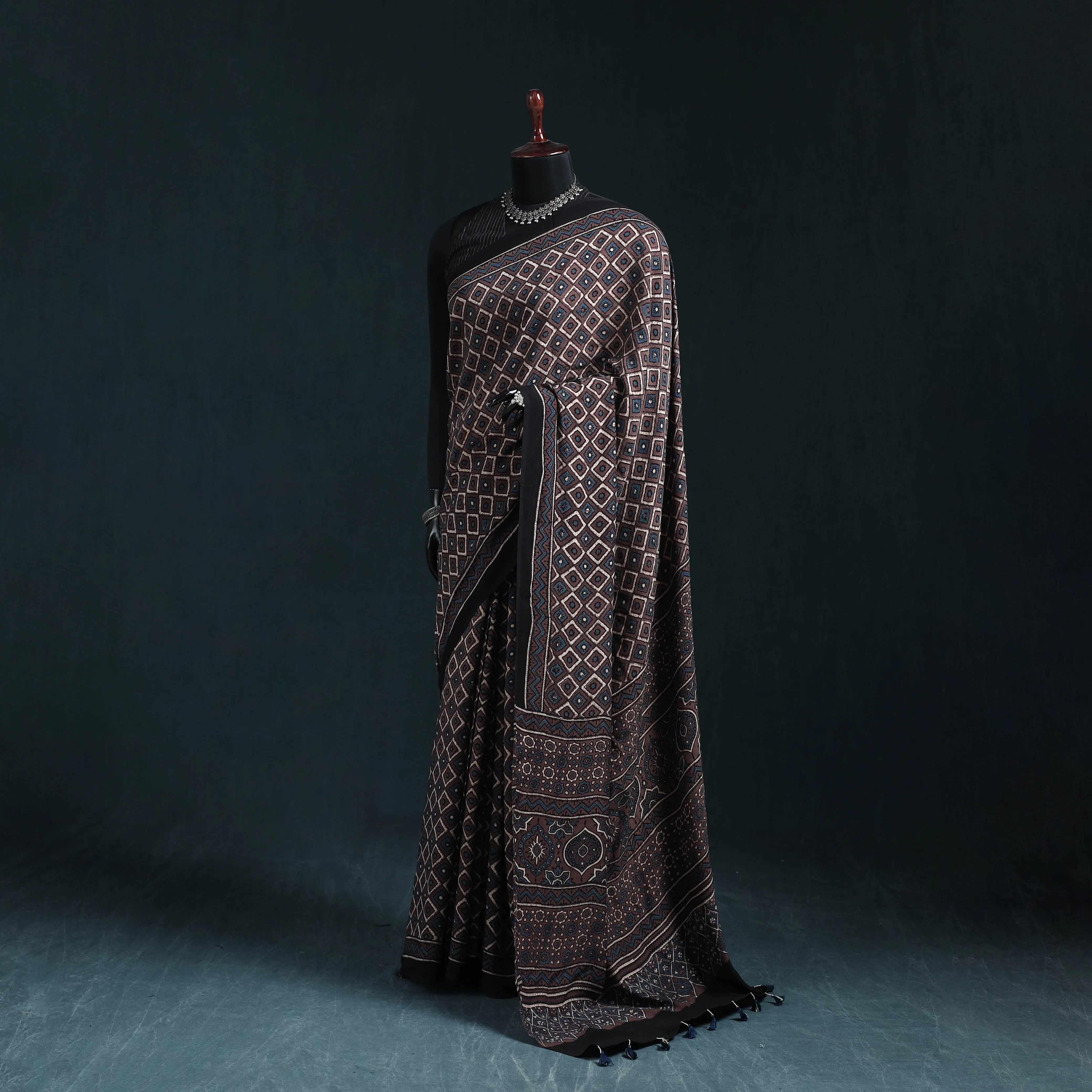 Brown - Natural Dyed Modal Silk Kutch Hand Block Print Ajrakh Saree 33 sold by Itokri