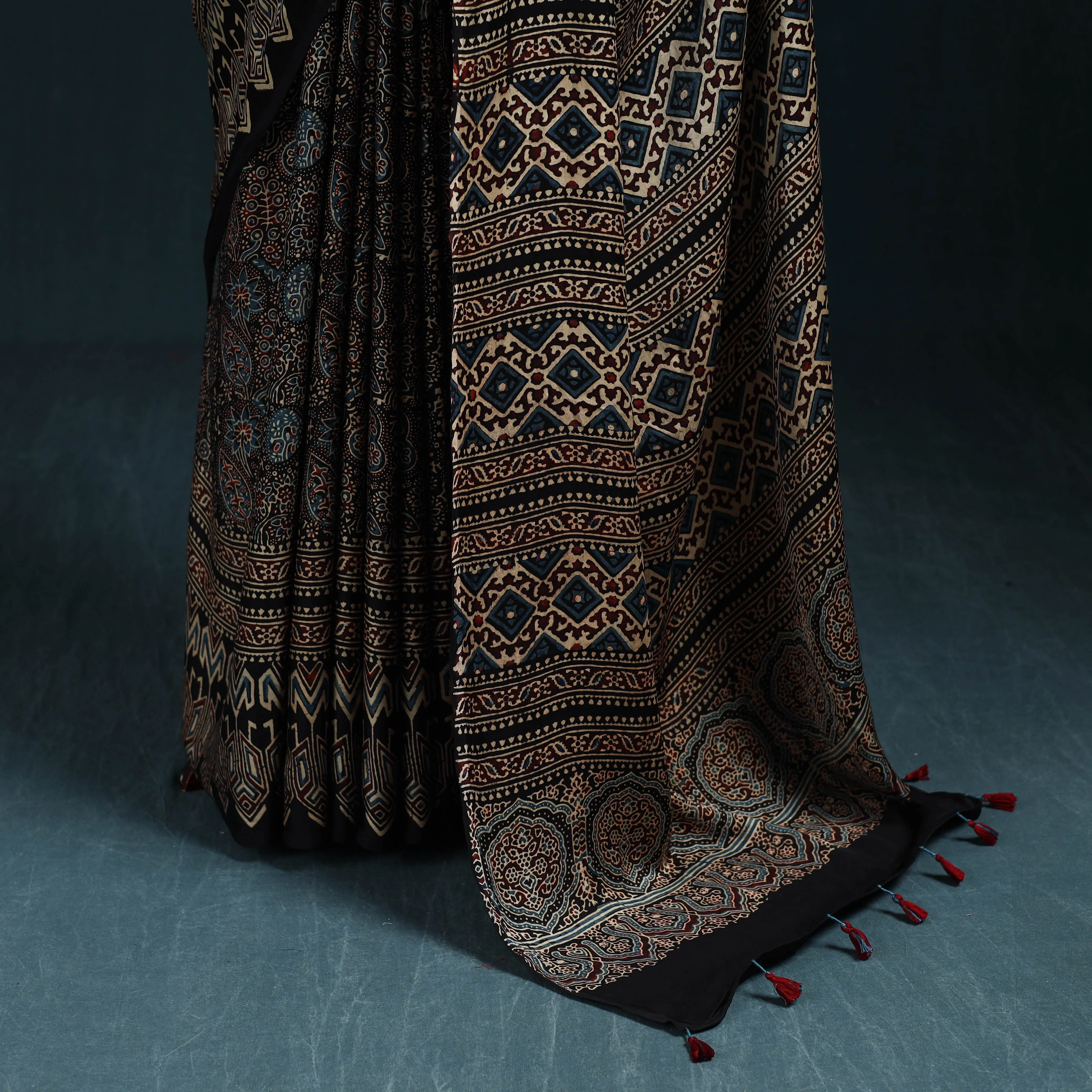 Black - Natural Dyed Modal Silk Kutch Hand Block Print Ajrakh Saree 36 sold by Itokri product image thumbnail 4