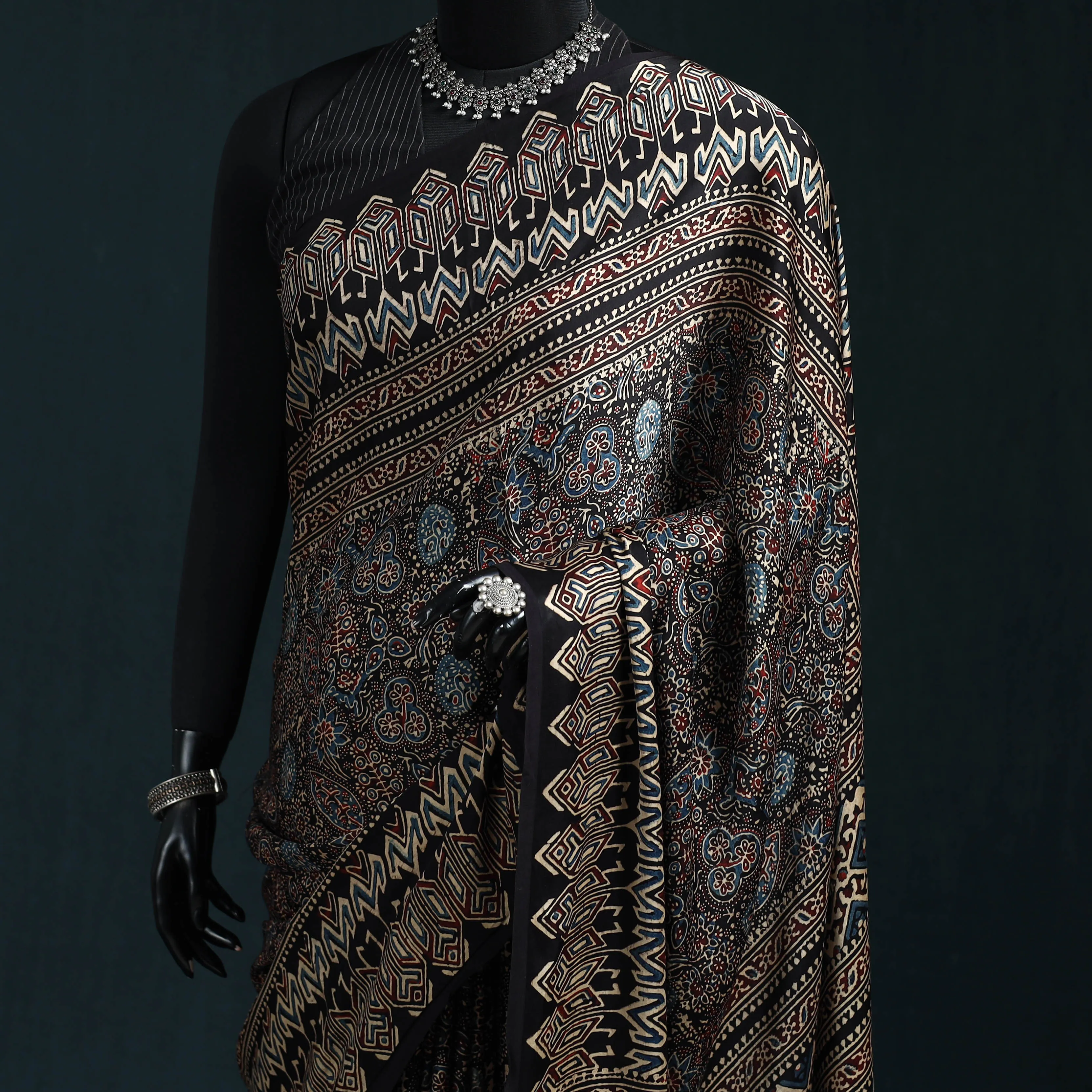 Black - Natural Dyed Modal Silk Kutch Hand Block Print Ajrakh Saree 36 sold by Itokri product image thumbnail 2