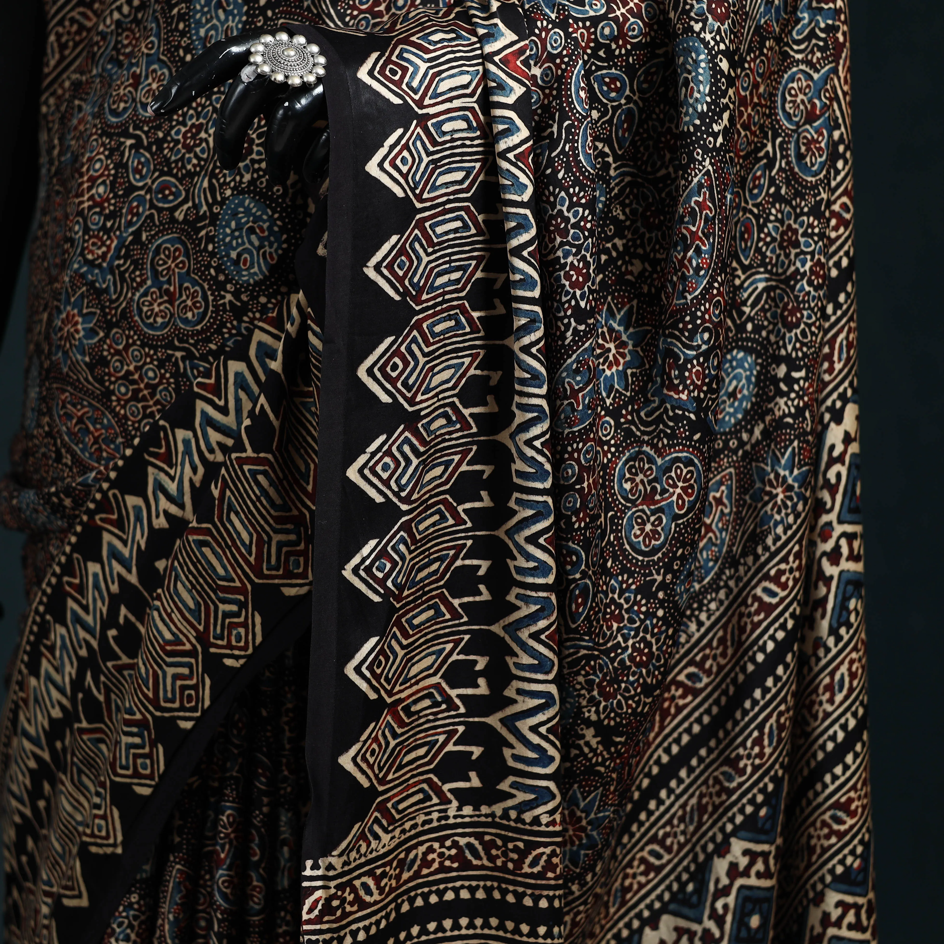 Black - Natural Dyed Modal Silk Kutch Hand Block Print Ajrakh Saree 36 sold by Itokri product image thumbnail 3