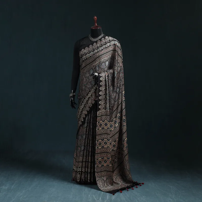 Black - Natural Dyed Modal Silk Kutch Hand Block Print Ajrakh Saree 36 made by Itokri
