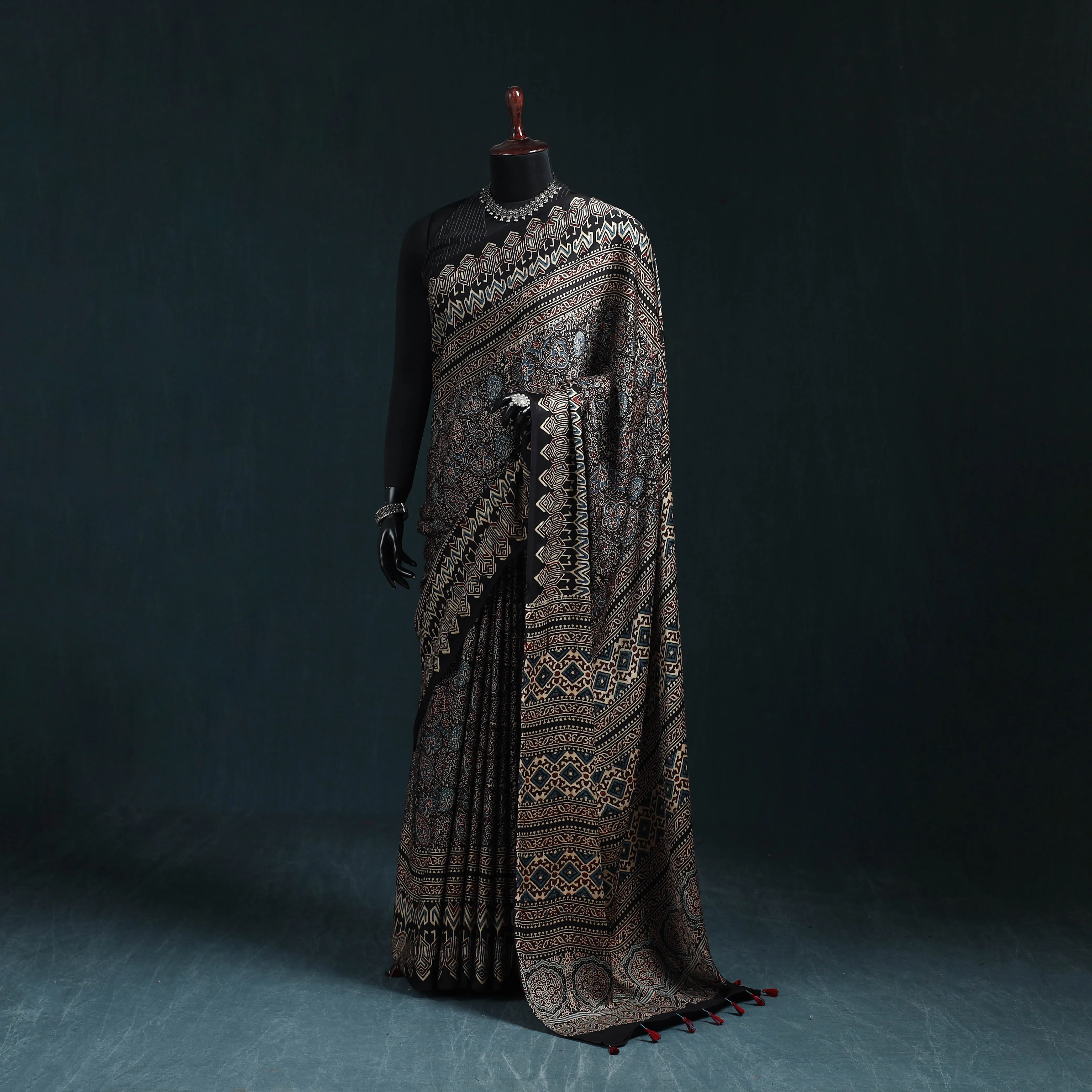 Black - Natural Dyed Modal Silk Kutch Hand Block Print Ajrakh Saree 36 sold by Itokri