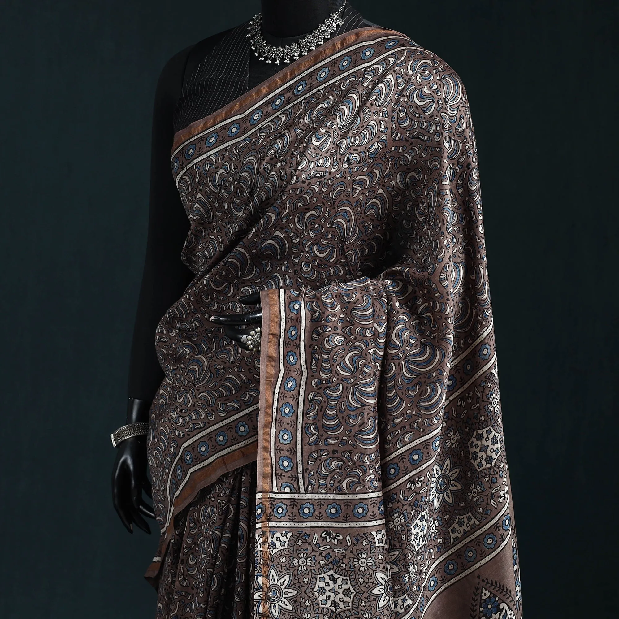 Brown - Hand Block Print Natural Dyed Chanderi Silk Ajrakh Saree 11 sold by Itokri product image thumbnail 2