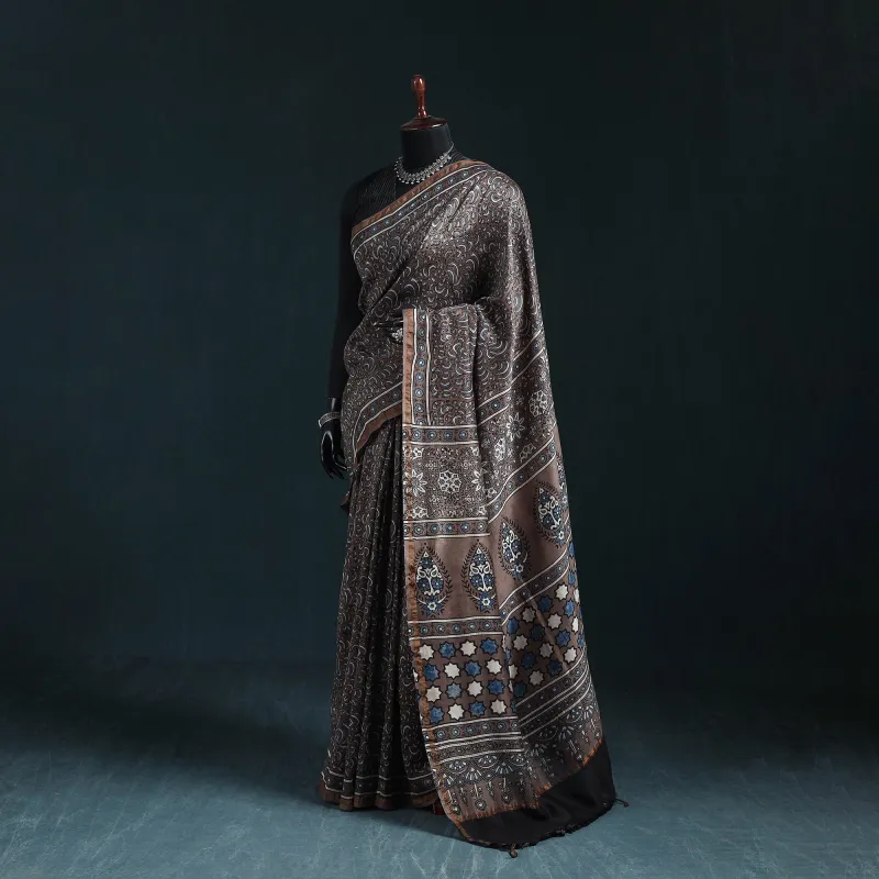 Brown - Hand Block Print Natural Dyed Chanderi Silk Ajrakh Saree 11 made by Itokri