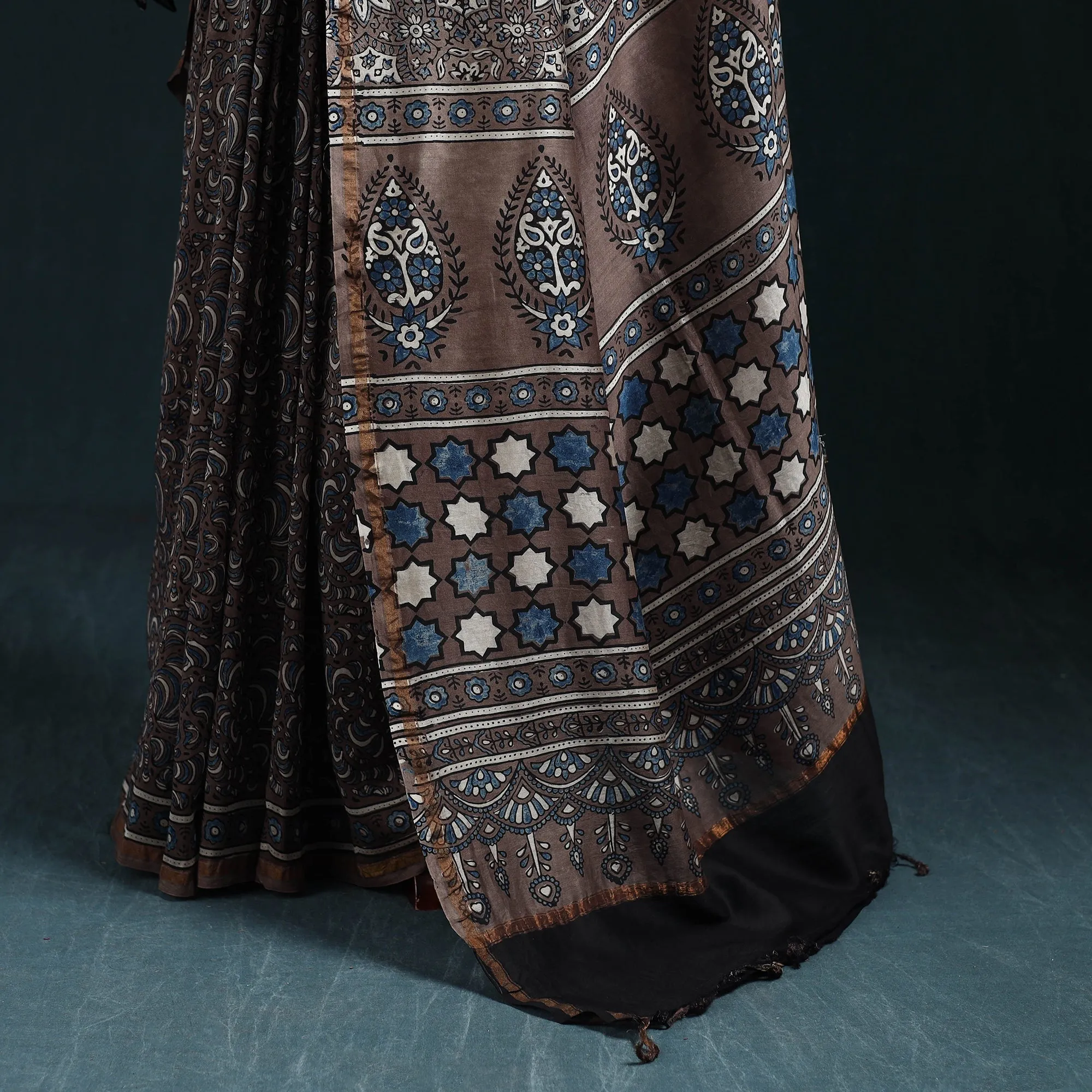 Brown - Hand Block Print Natural Dyed Chanderi Silk Ajrakh Saree 11 sold by Itokri product image thumbnail 4