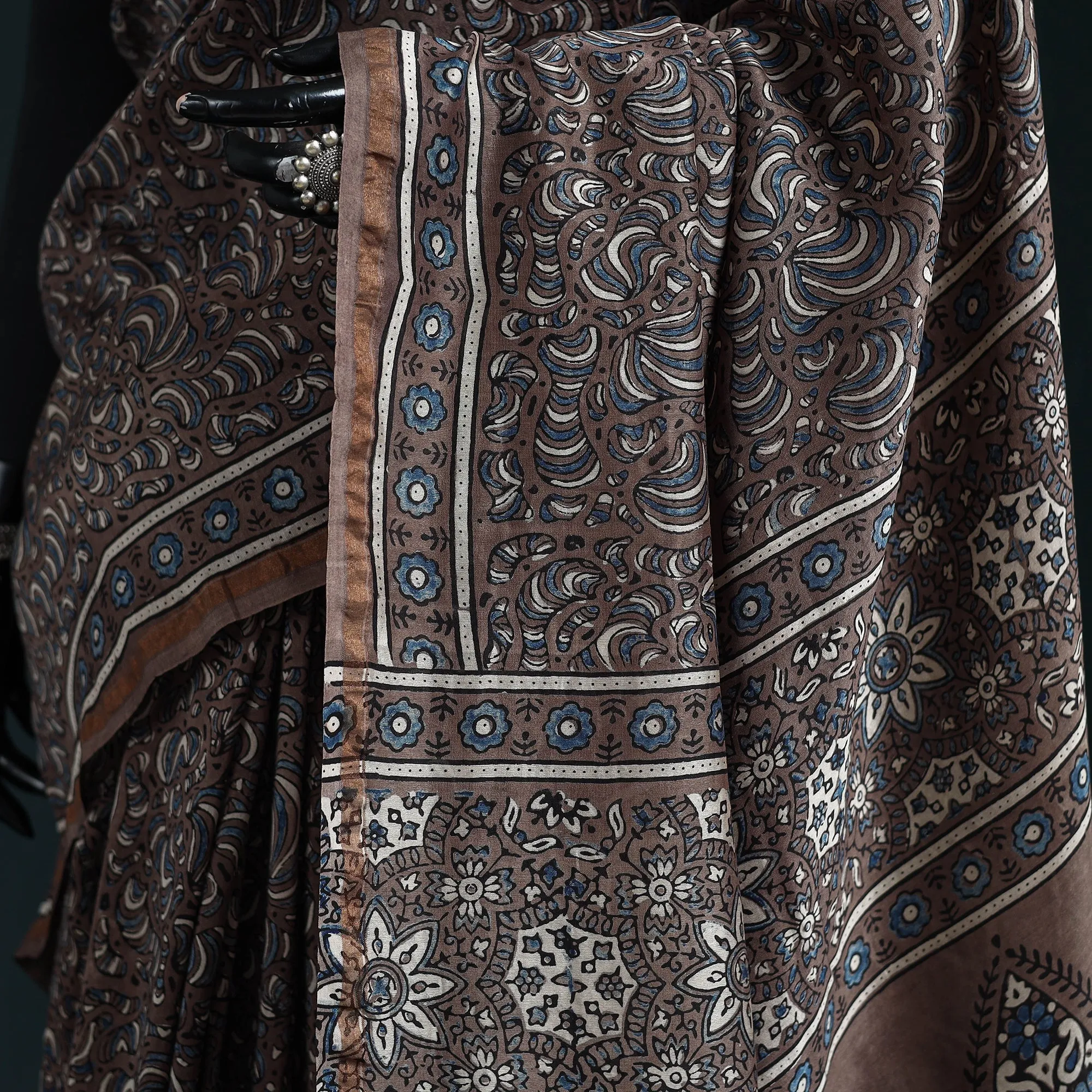 Brown - Hand Block Print Natural Dyed Chanderi Silk Ajrakh Saree 11 sold by Itokri product image thumbnail 3