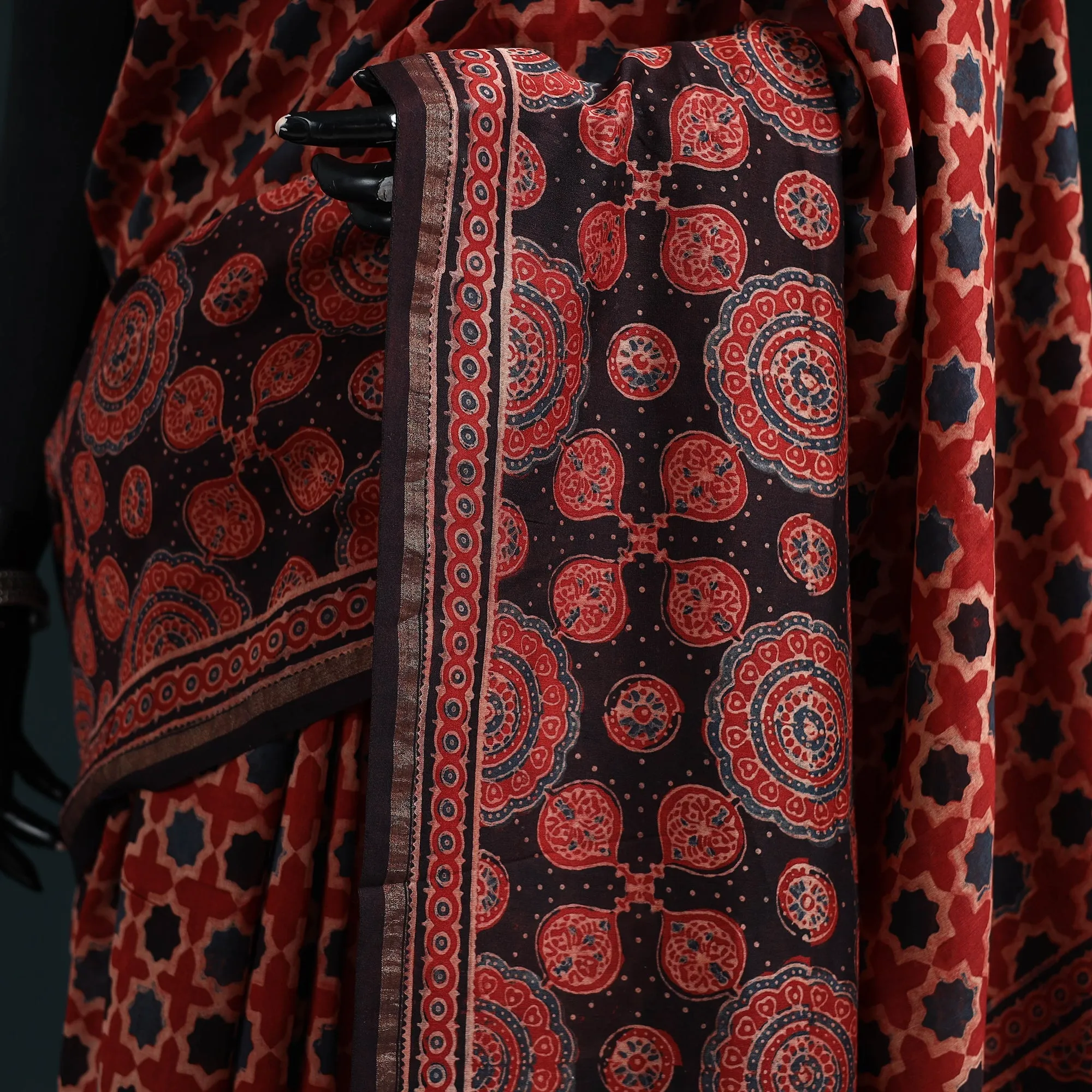 Red - Hand Block Print Natural Dyed Chanderi Silk Ajrakh Saree 14 sold by Itokri product image thumbnail 3