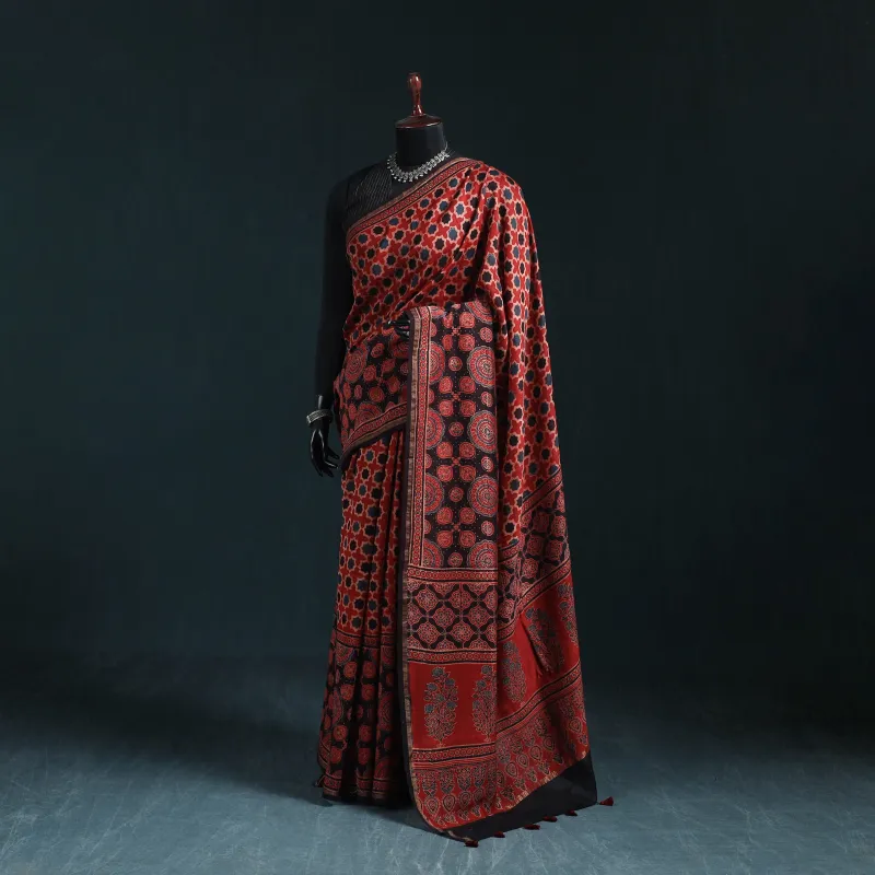 Red - Hand Block Print Natural Dyed Chanderi Silk Ajrakh Saree 14 made by Itokri
